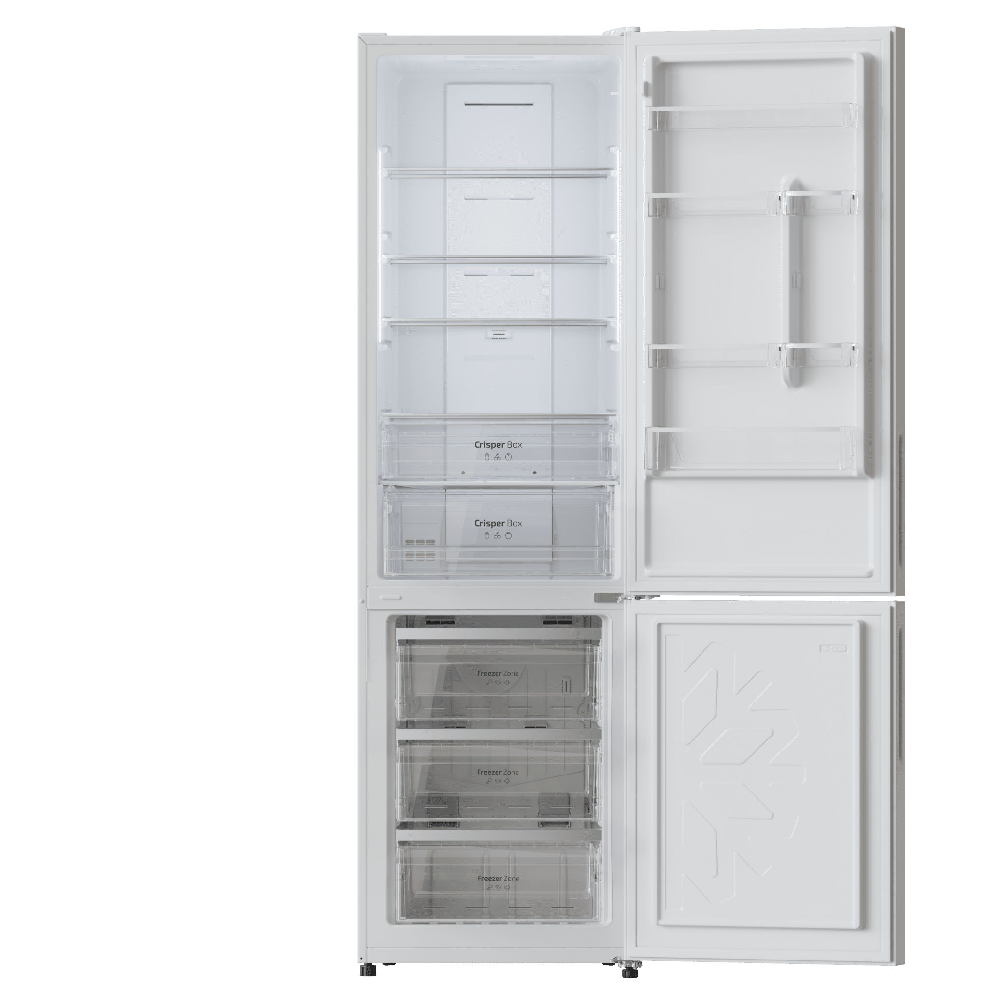 Refrigerador blanco abierto con estantes, cajones y puertas. En el interior hay estantes y cajones.