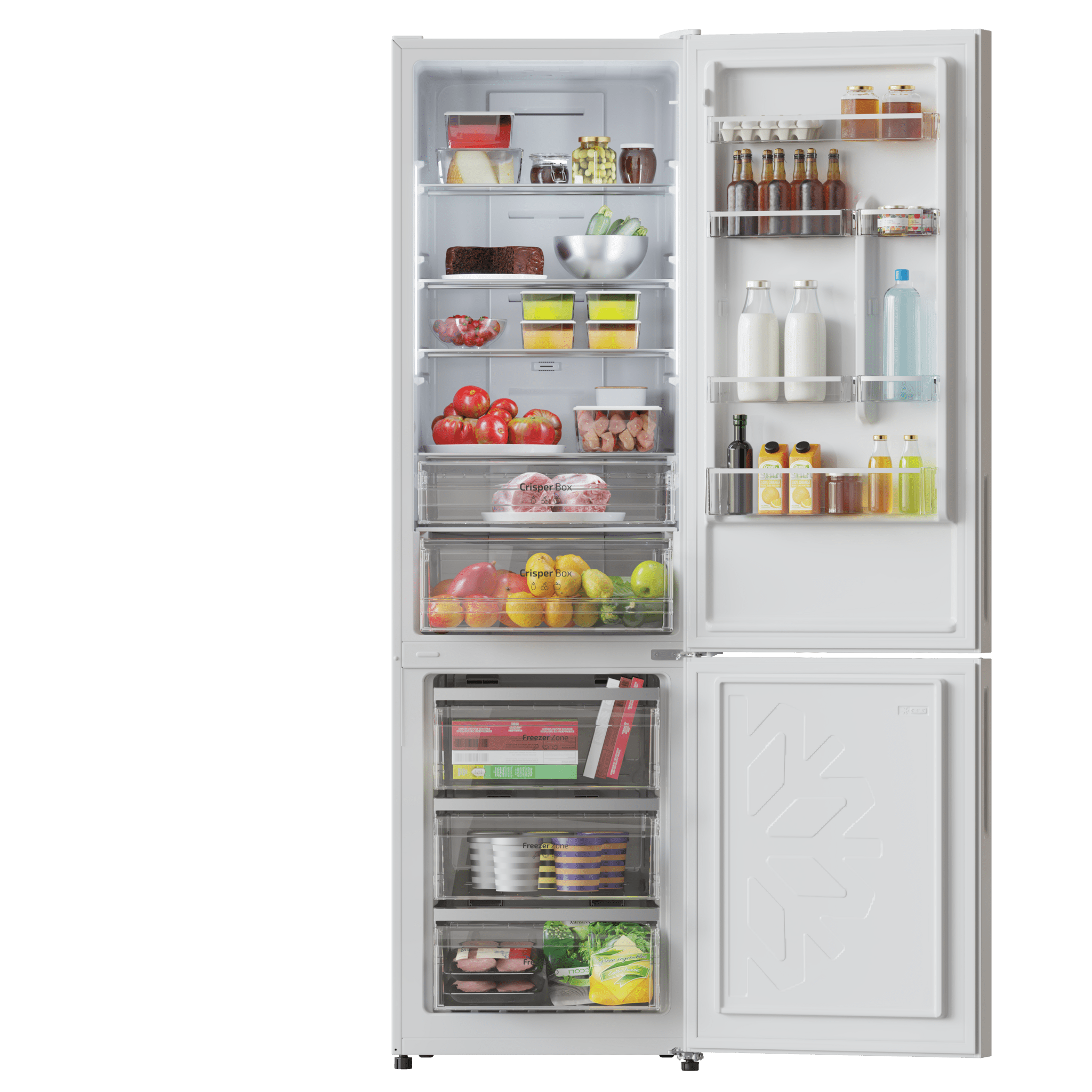 Refrigerador abierto lleno de alimentos, incluyendo frutas, verduras, bebidas y recipientes, sobre un fondo negro.