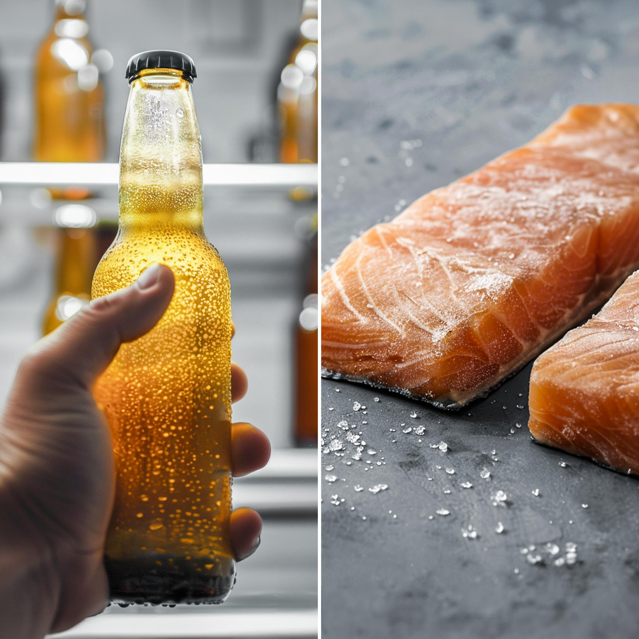 Mano sosteniendo botella de cerveza con condensación, junto a filetes de salmón. Ambos sobre gris.