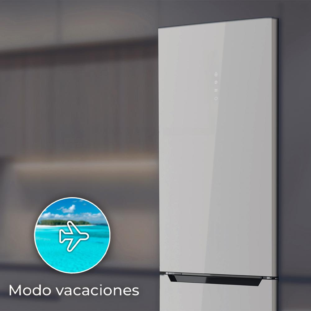 Refrigerador blanco con un icono de modo vacaciones.