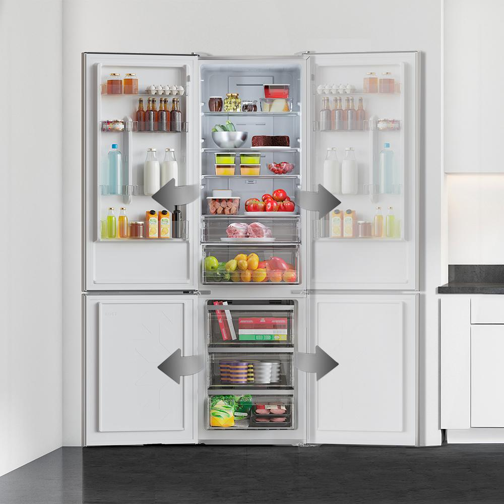 Un refrigerador con puertas abiertas, lleno de alimentos y bebidas, con flechas que indican movimiento.