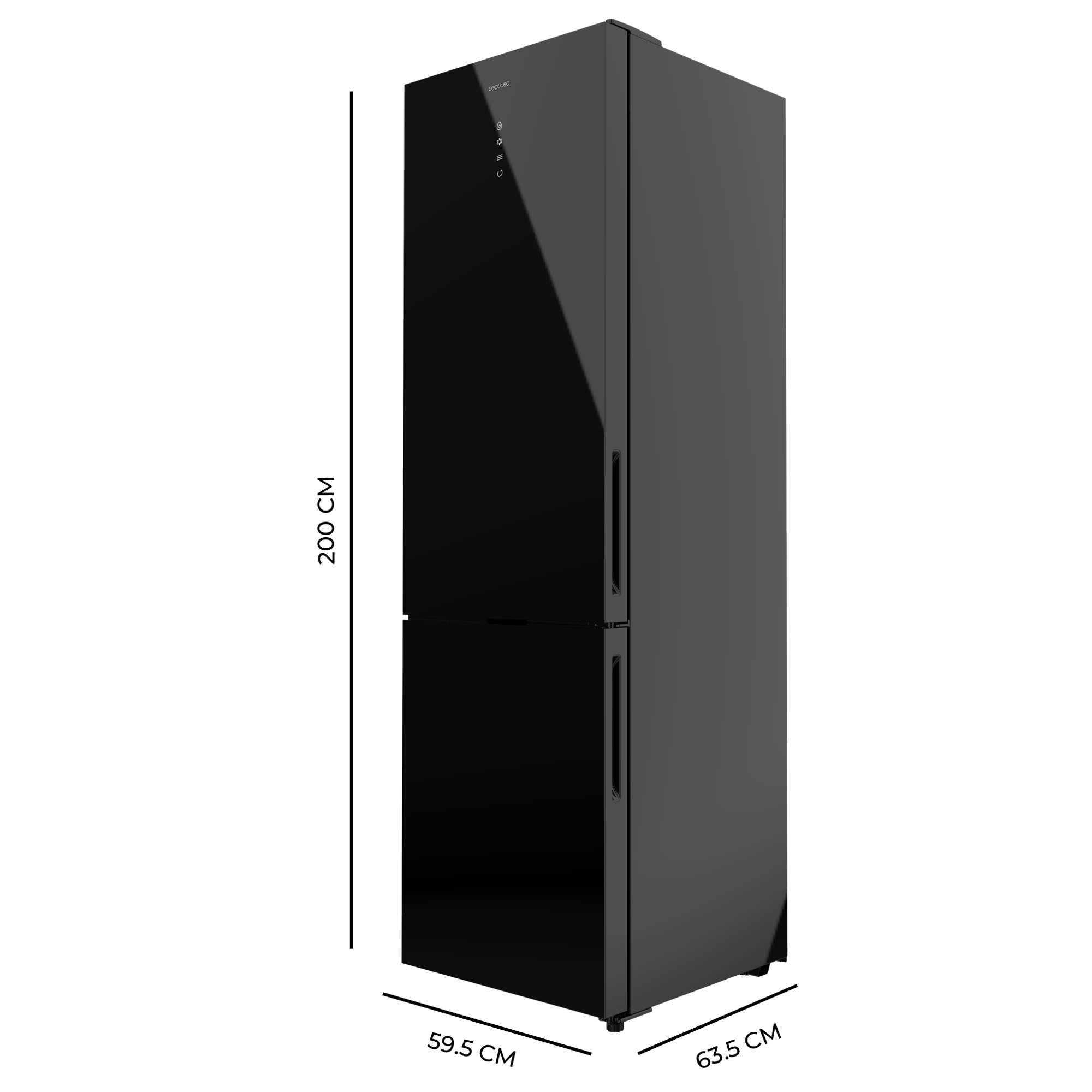 Refrigerador negro alto con dimensiones etiquetadas en el lateral.