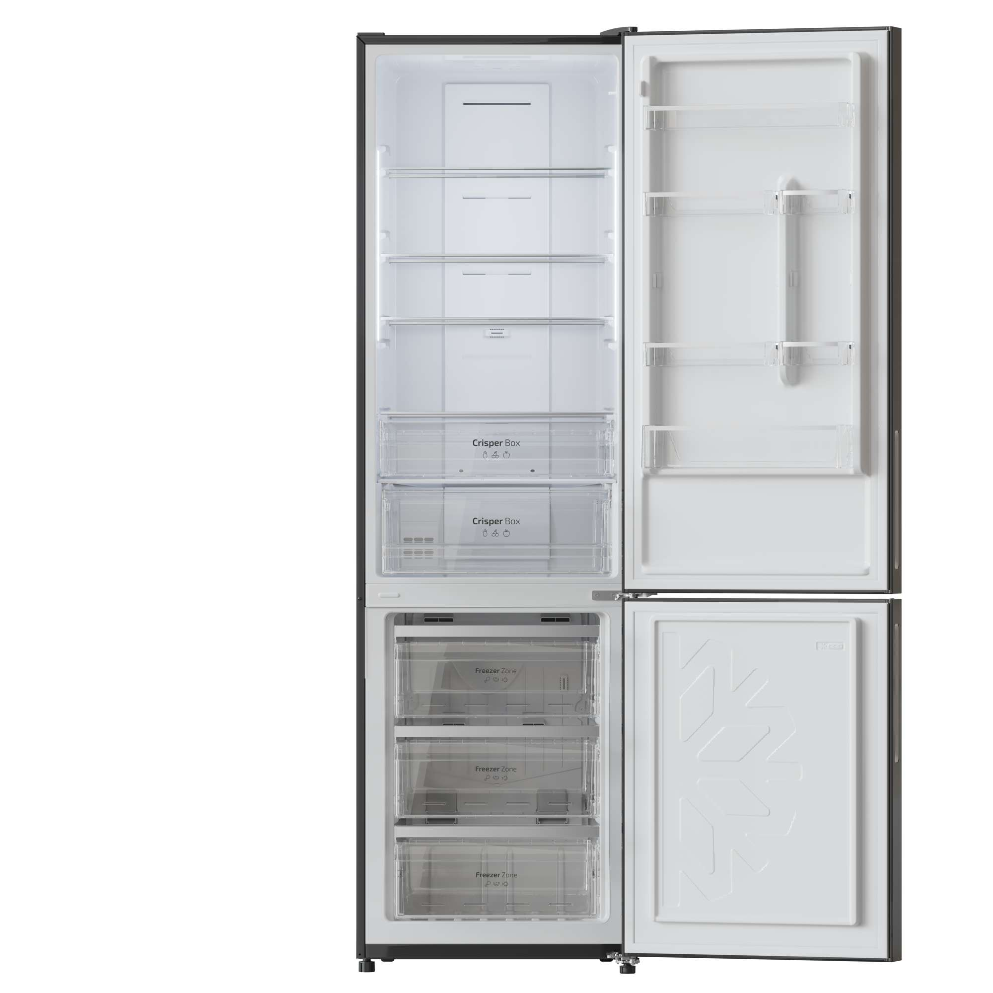 Un refrigerador negro con puertas abiertas que muestra estantes, cajones y un congelador.