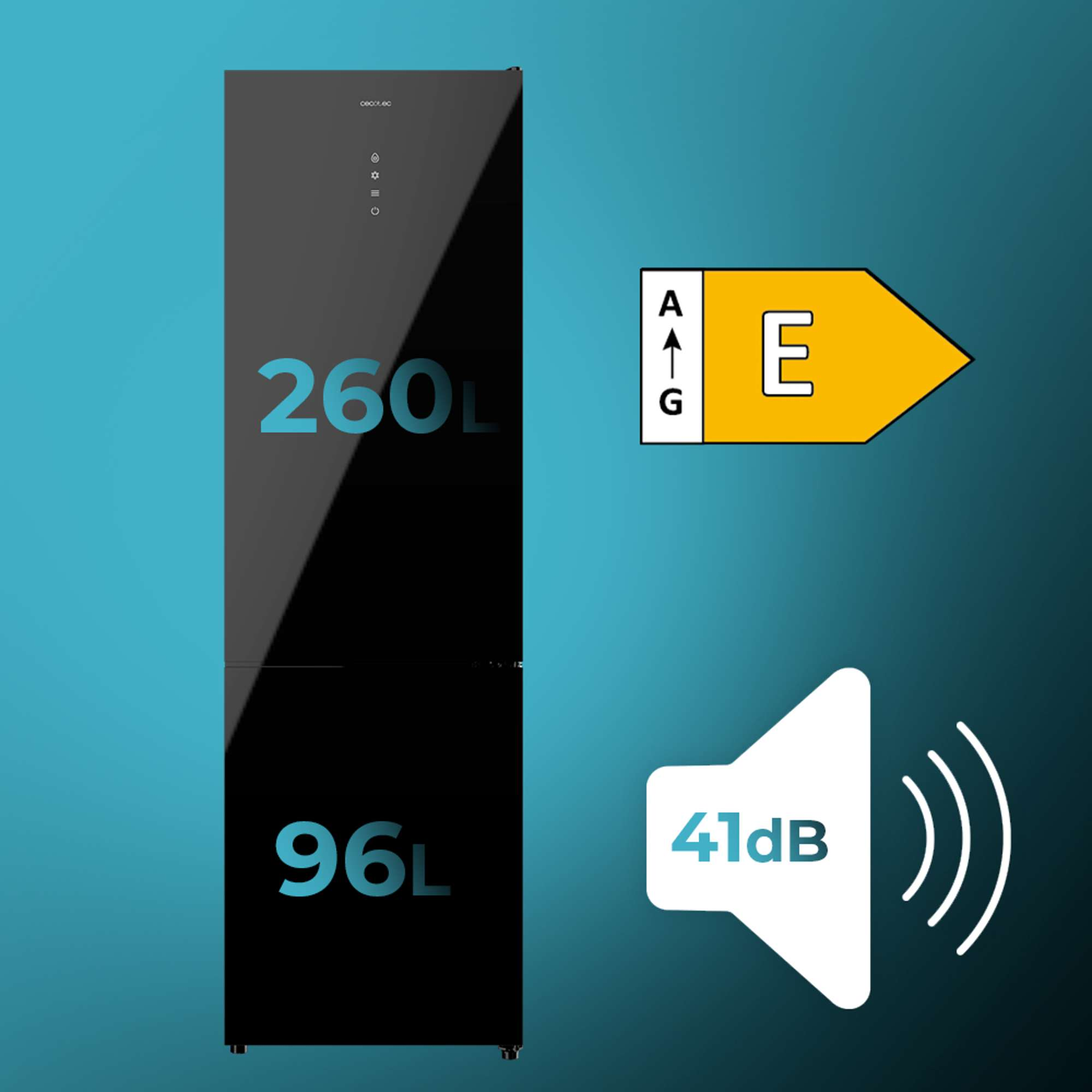 Un frigorífico negro con etiqueta energética y un nivel sonoro de 41dB.