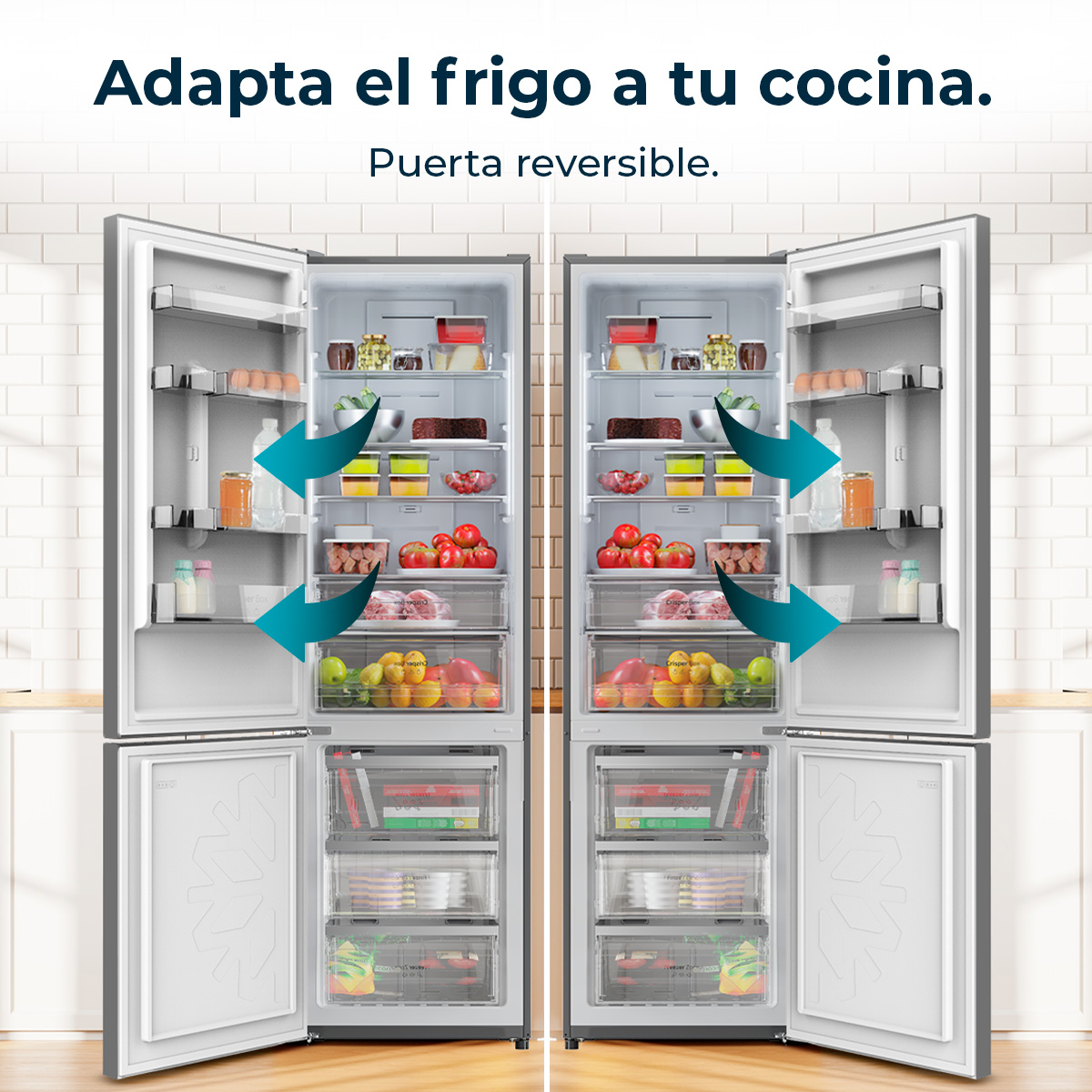 Refrigerador abierto con dos puertas, mostrando el interior con alimentos.
