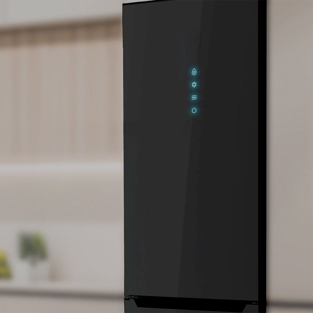 Panel de pared negro táctil con iconos iluminados para temperatura y energía.
