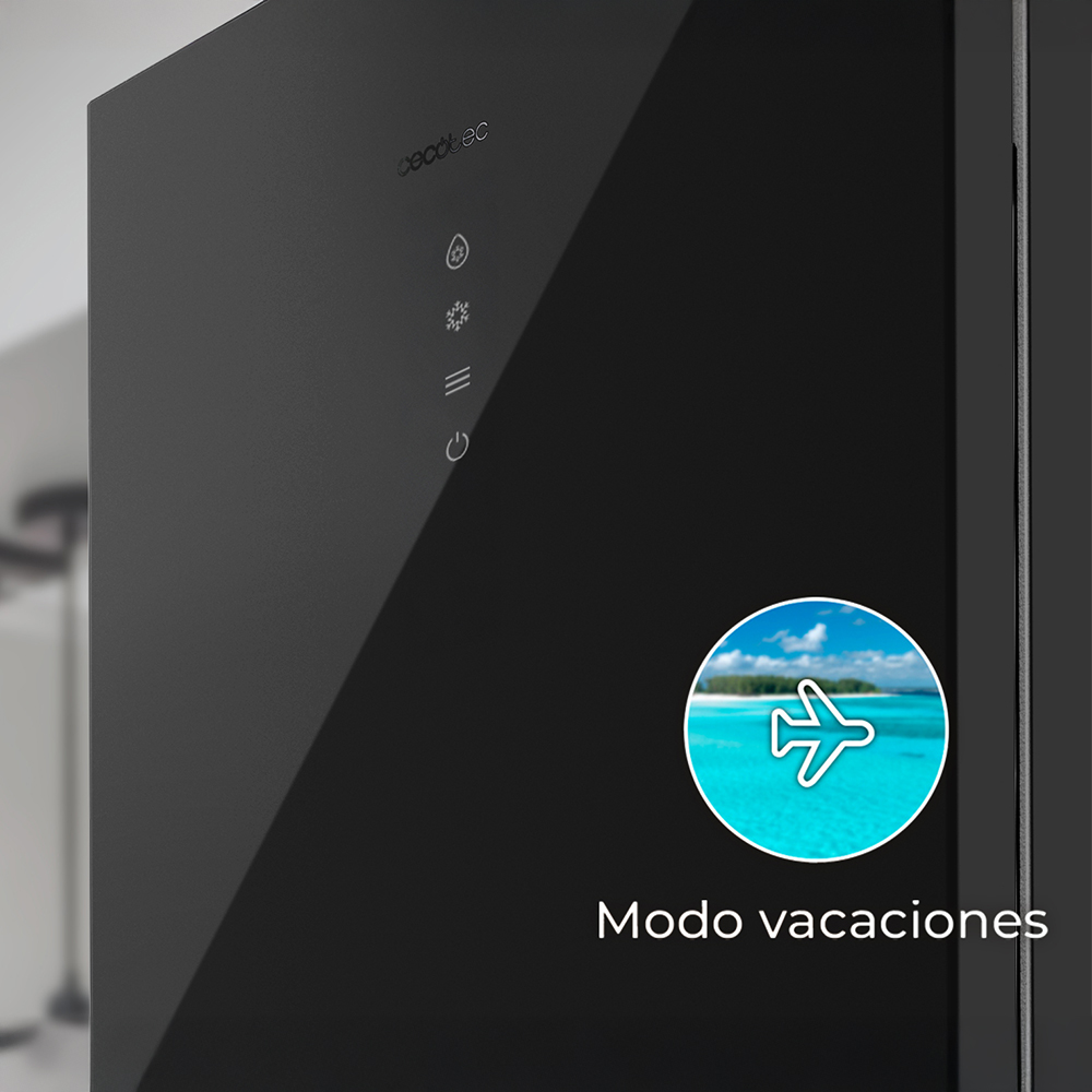 Un electrodoméstico negro con panel de control y un icono de modo vacaciones.