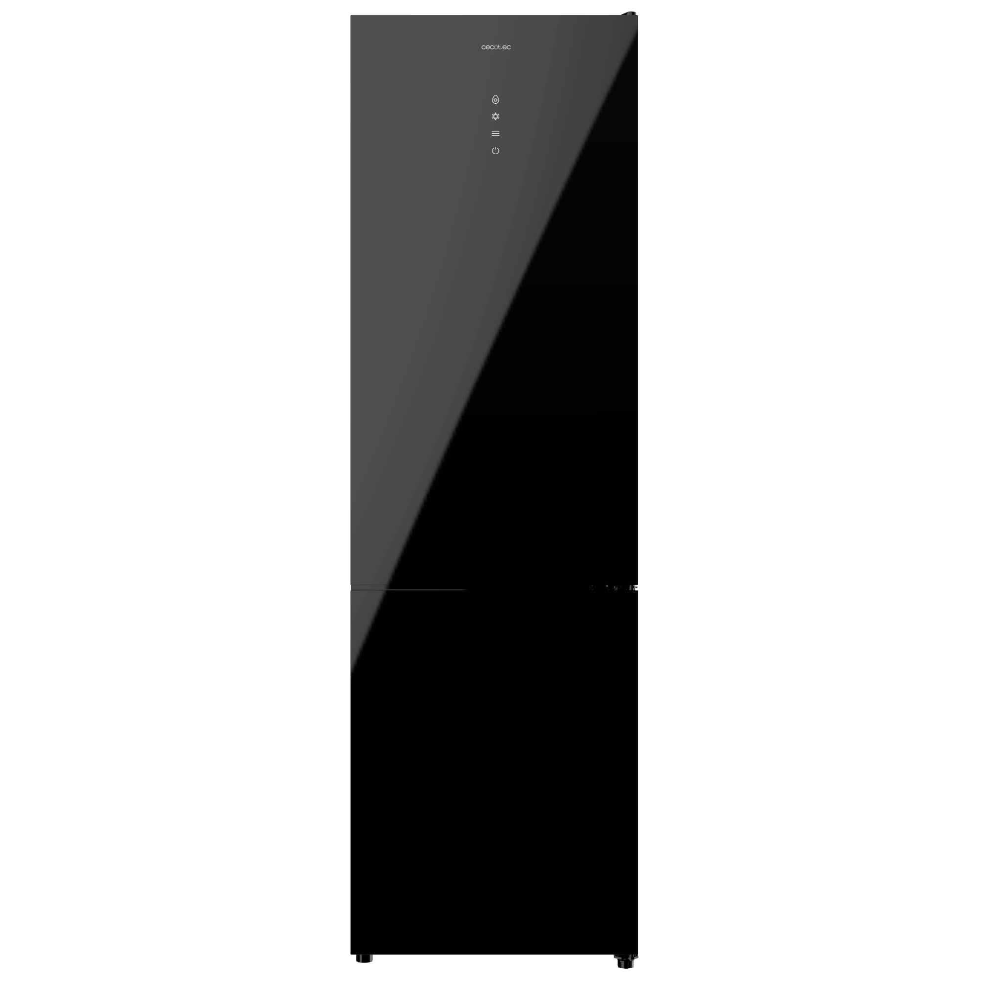 Refrigerador negro con superficie brillante. Fondo oscuro.