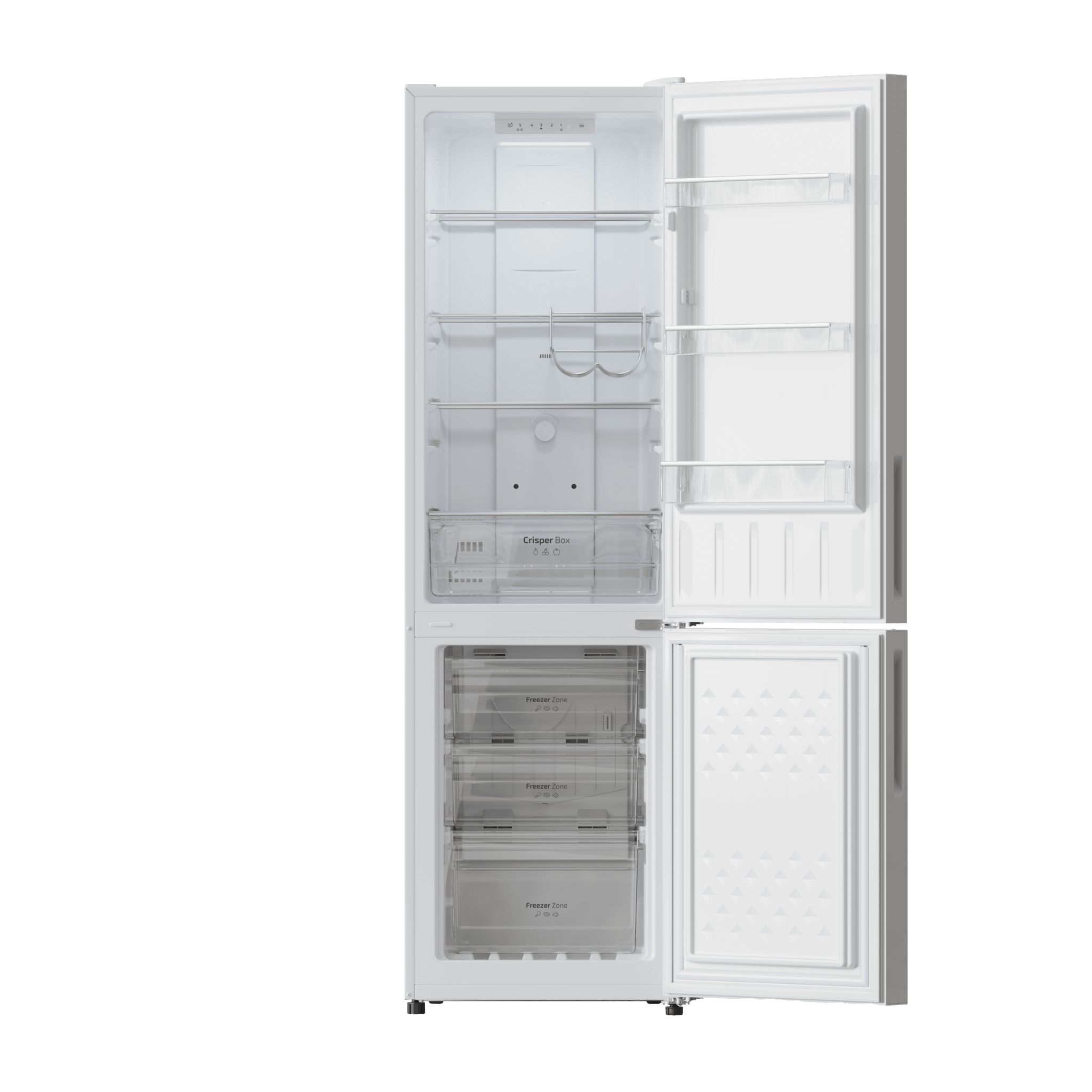 Refrigerador blanco abierto con estantes, cajones y cajón para verduras.