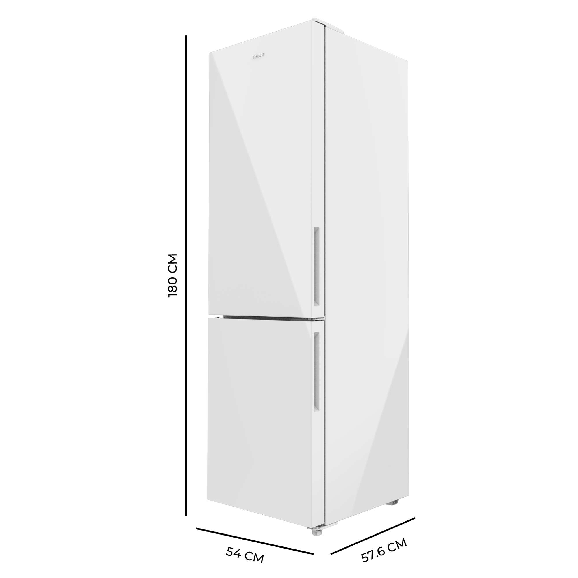Refrigerador blanco, alto con dimensiones. Texto: 180 cm alto, 54 cm ancho, 57.6 cm profundo.