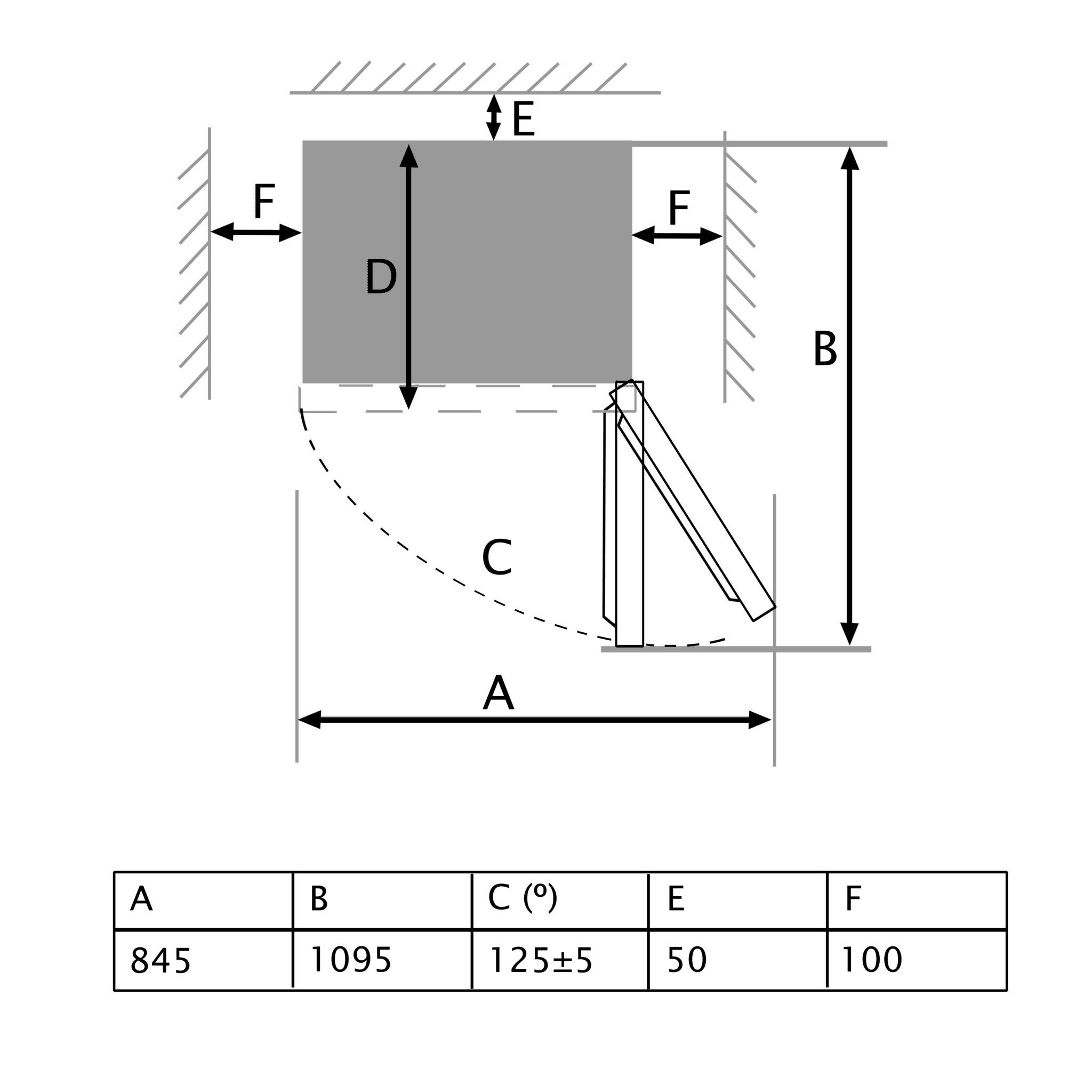 Un diagrama técnico con una caja gris, una línea de dimensión y flechas, que representa un área rectangular.