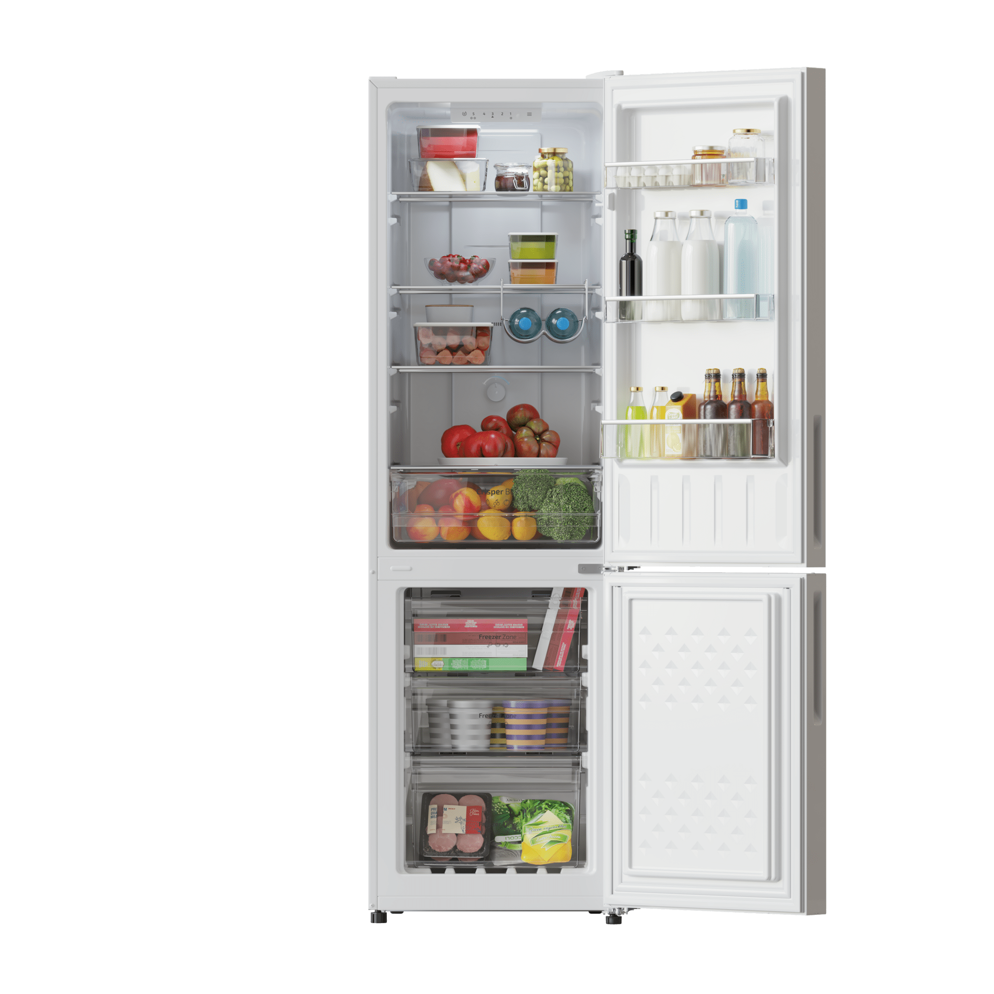 Un refrigerador blanco con puertas abiertas, lleno de comida.