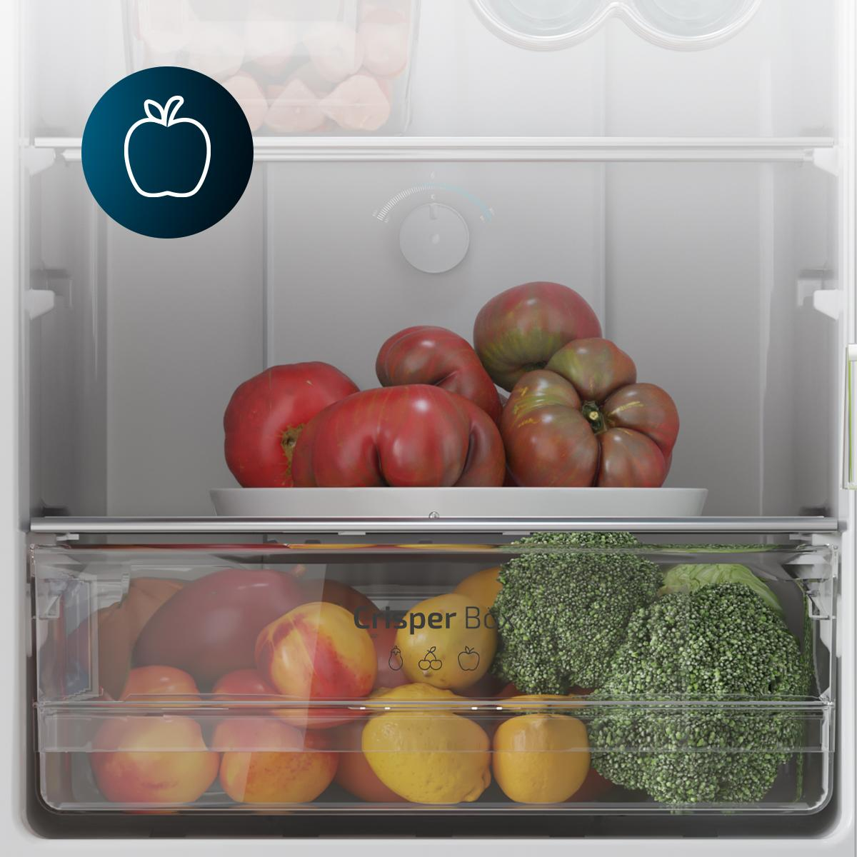 Interior de refrigerador abierto. Tomates en los cajones superiores y frutas y brócoli en los inferiores. Icono de manzana.