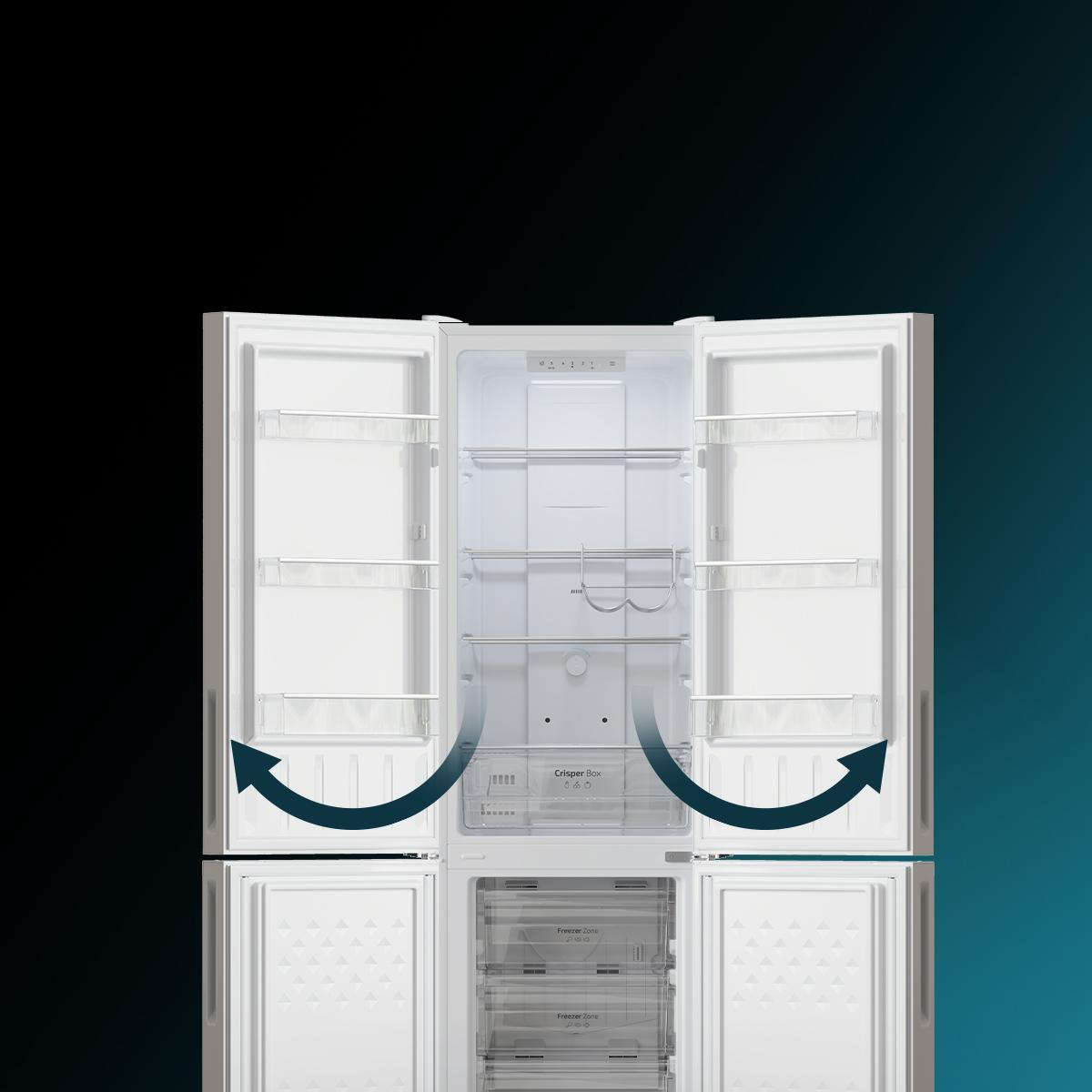 Un refrigerador con las puertas abiertas, mostrando los estantes y cajones interiores, con flechas que apuntan hacia adentro.