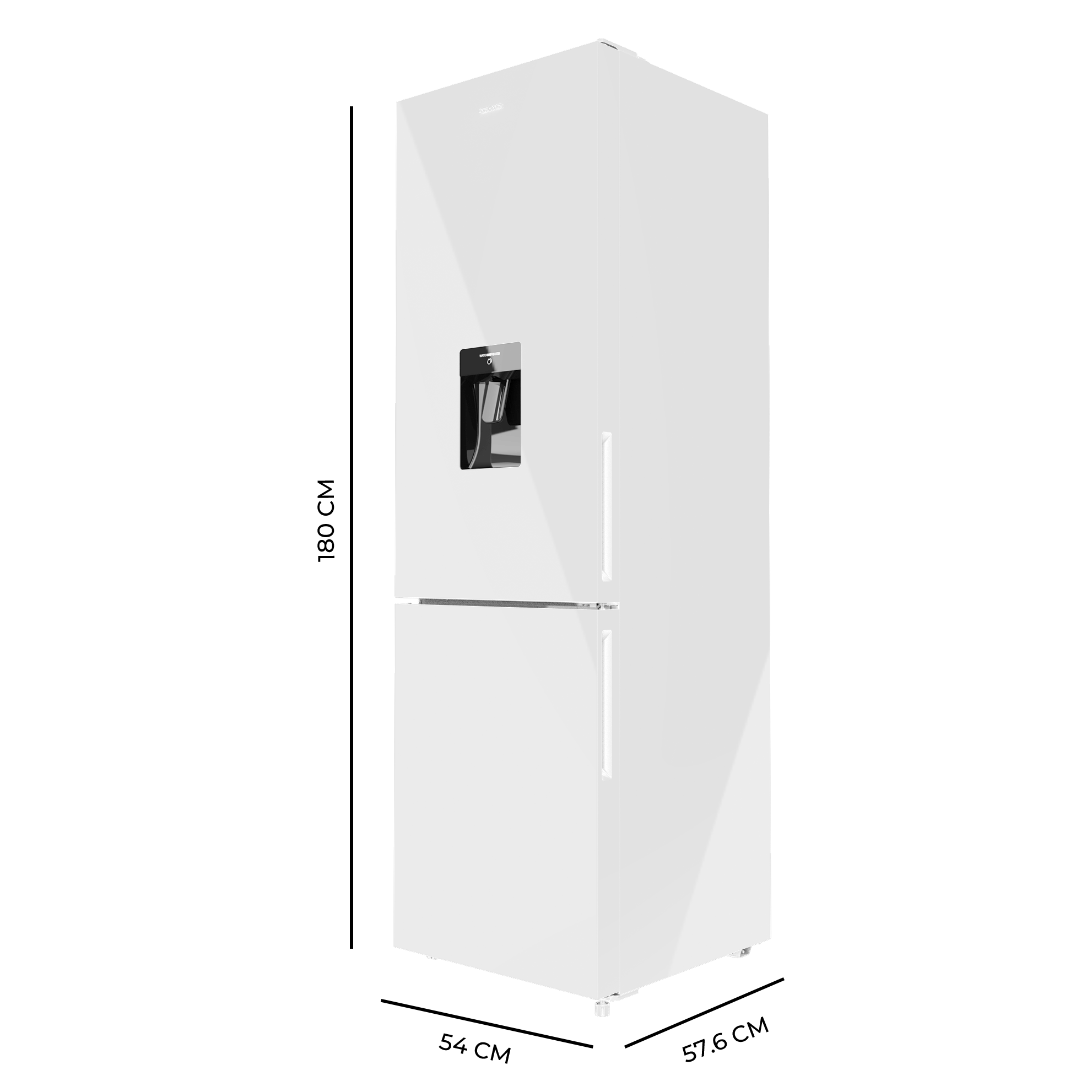 Refrigerador blanco alto con dispensador de agua y manija plateada, sobre fondo negro.