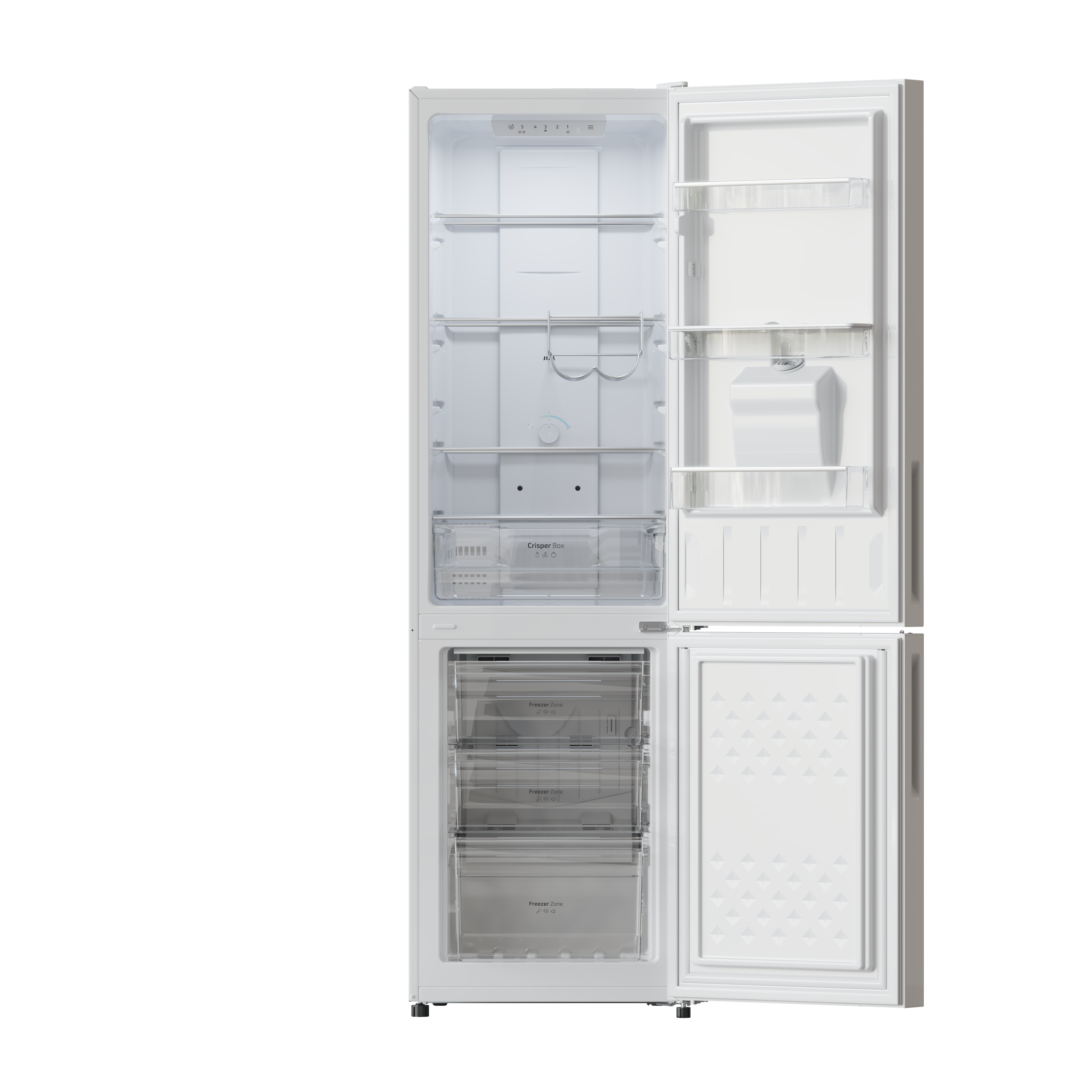 Interior de un refrigerador blanco. Las puertas abiertas revelan estantes, cajones y componentes internos.