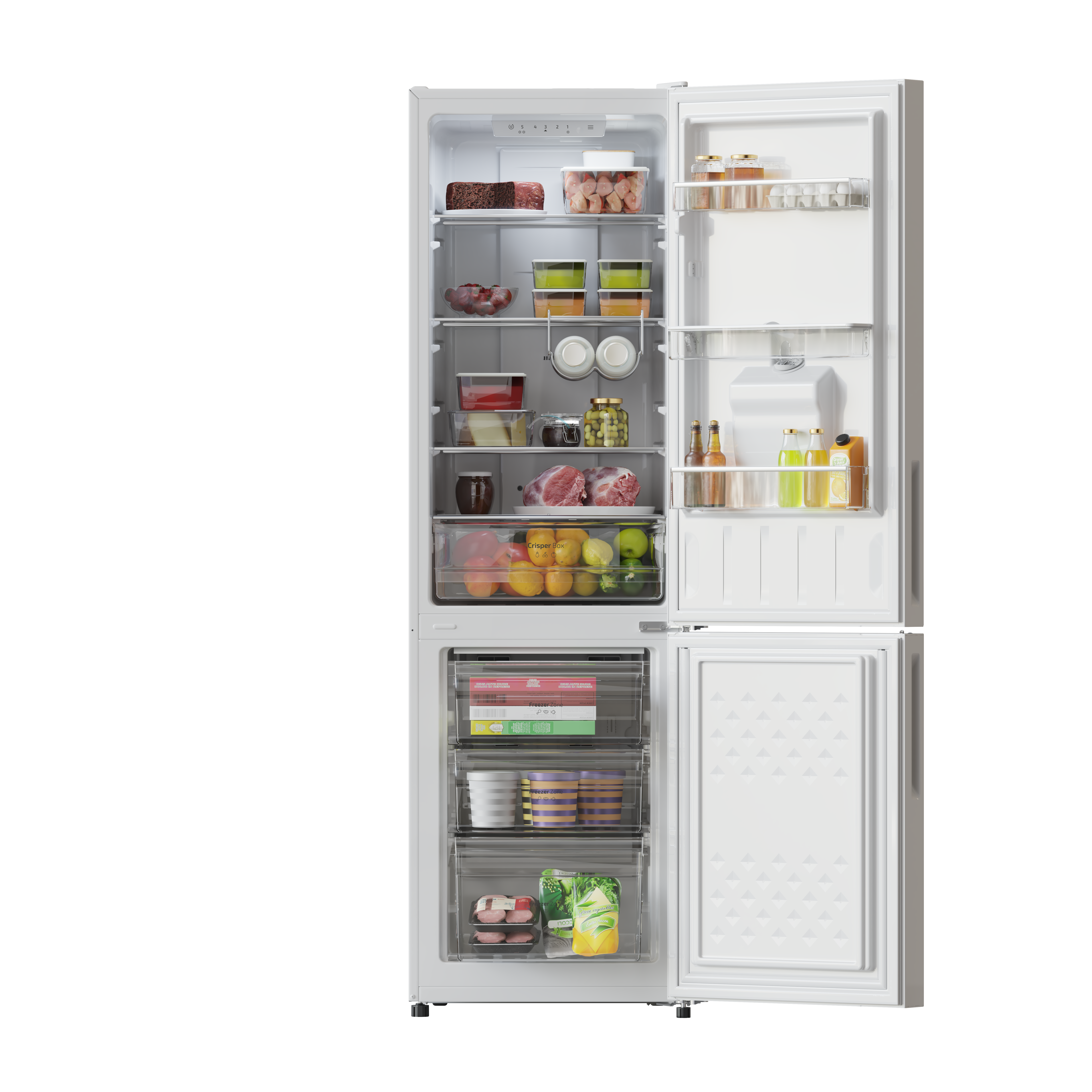 Refrigerador blanco con puertas abiertas mostrando estantes llenos de alimentos. El fondo es negro.