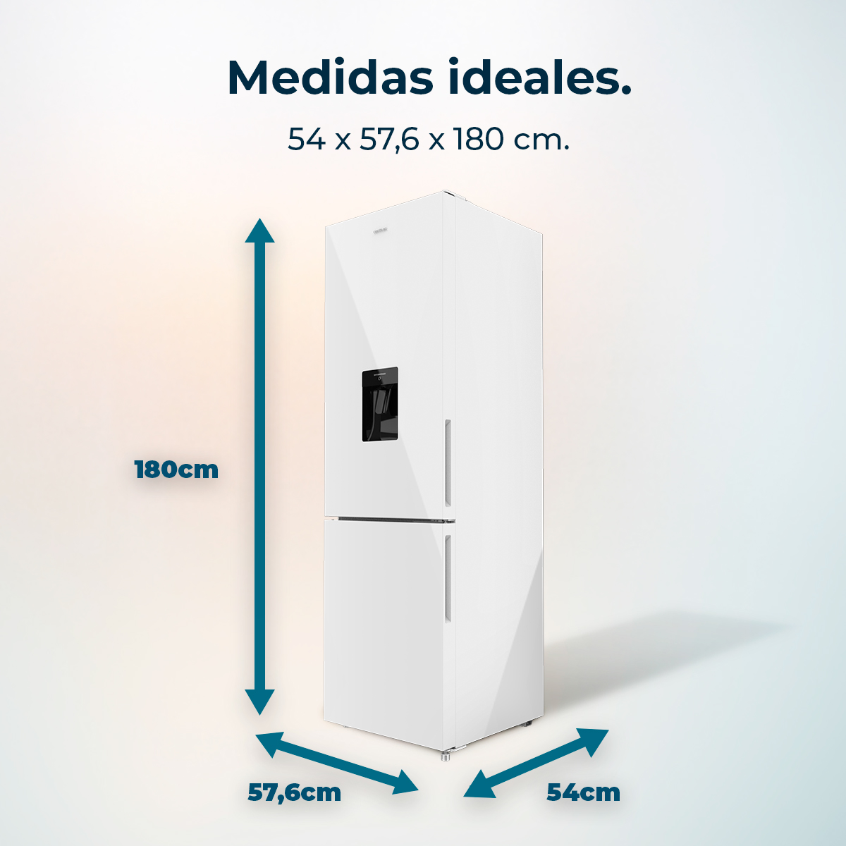 Refrigerador blanco con dimensiones y flechas. Fondo claro.