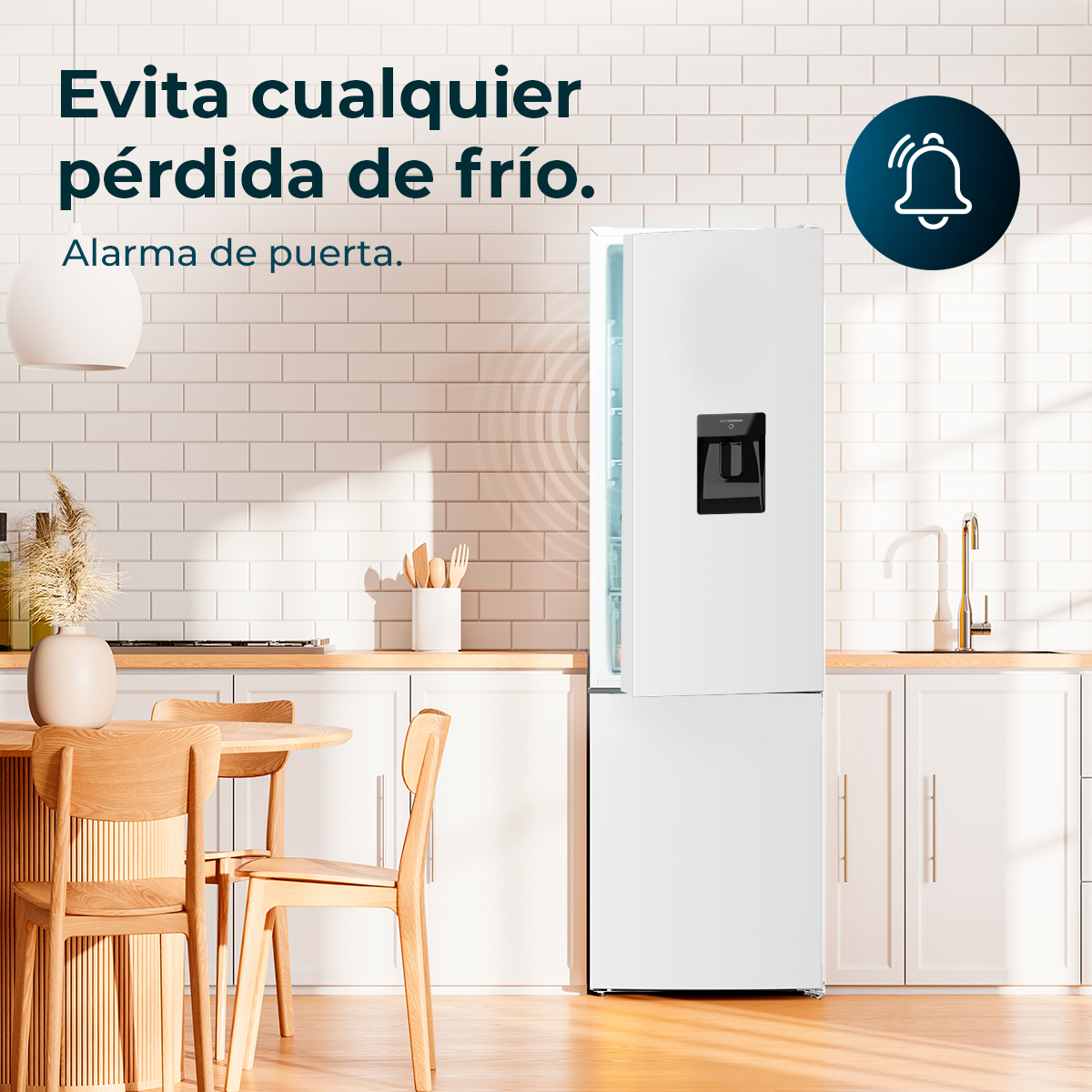 Refrigerador blanco con dispensador negro, texto e icono de campana a la derecha.