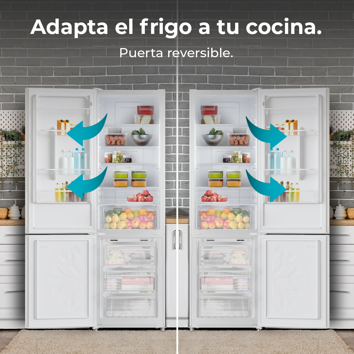 Un refrigerador con las puertas abiertas mostrando el contenido y flechas indicando la dirección.