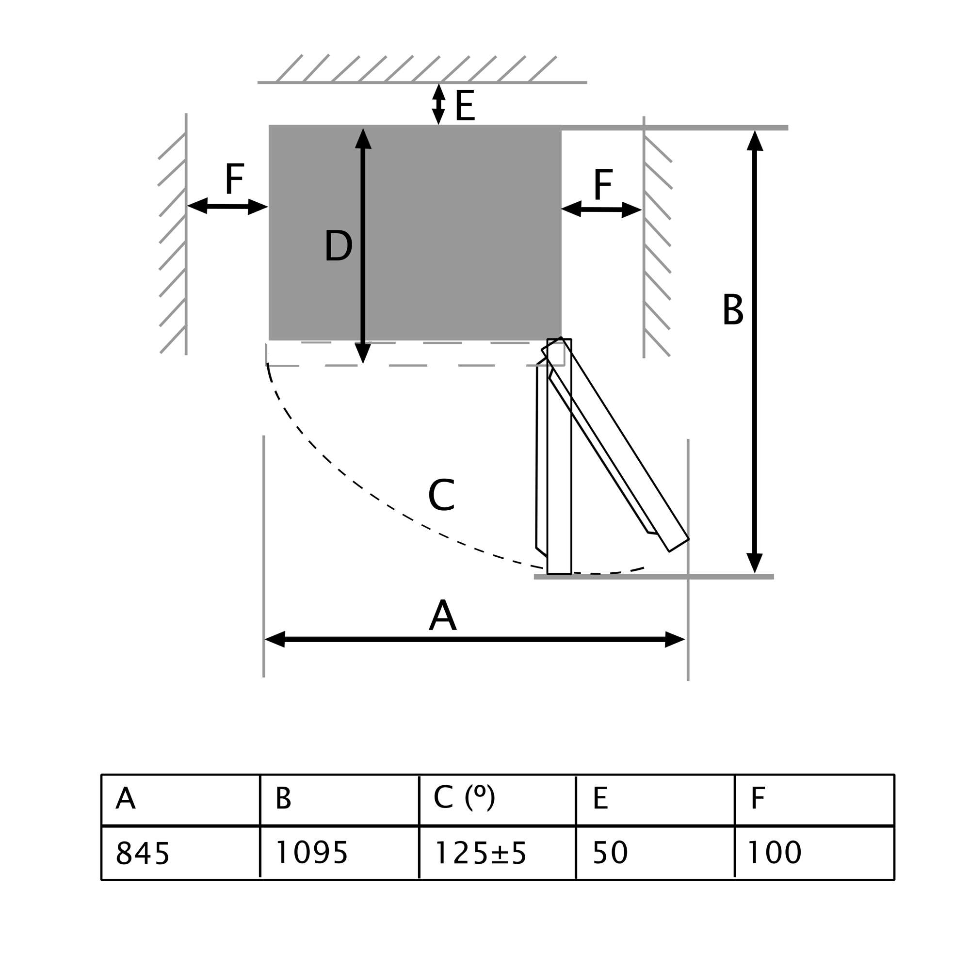 Diagrama de un armario con dimensiones y ángulos para la instalación, con una tabla debajo.