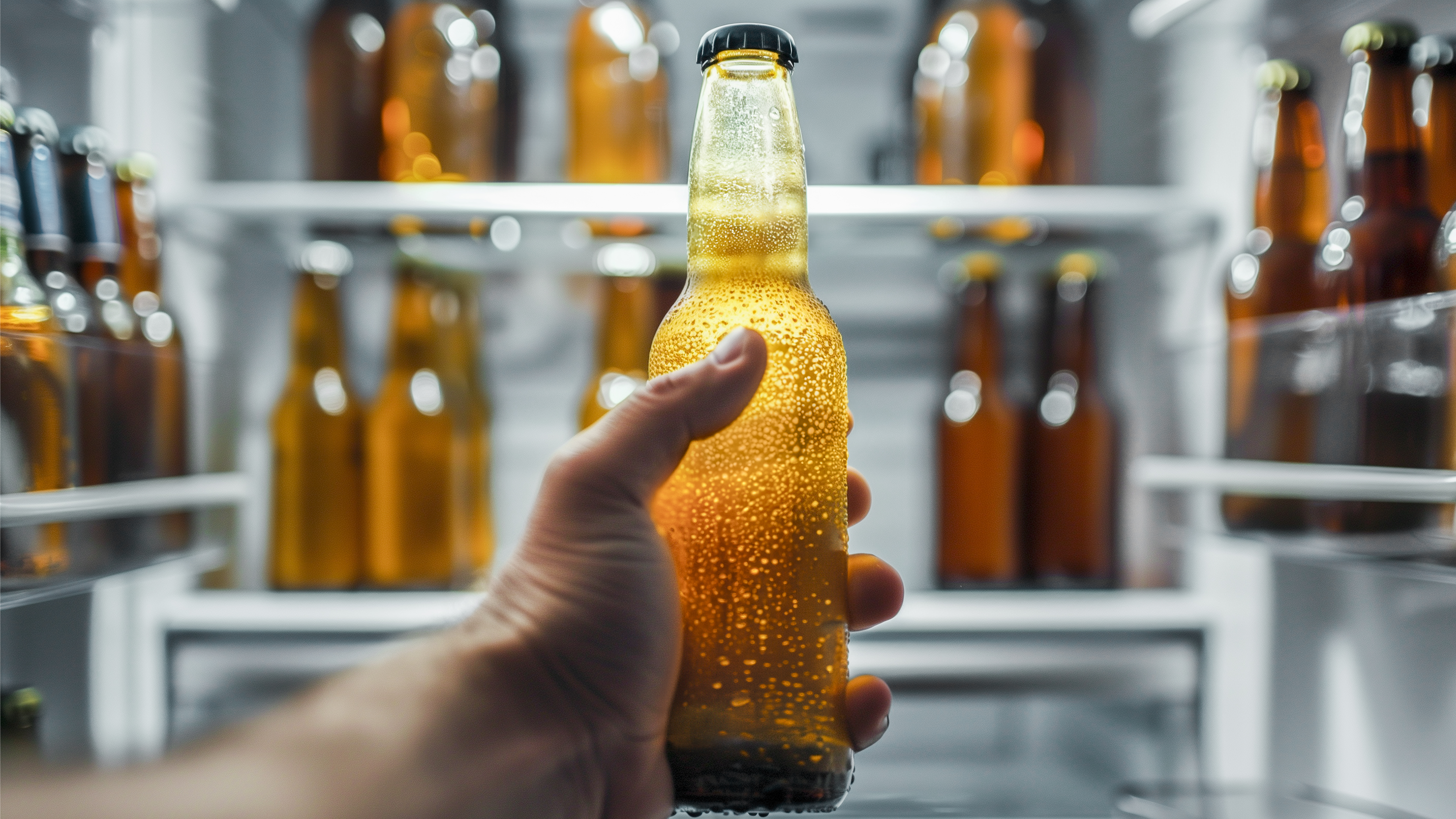 Mano sosteniendo una botella de cerveza dentro de un refrigerador lleno de botellas.