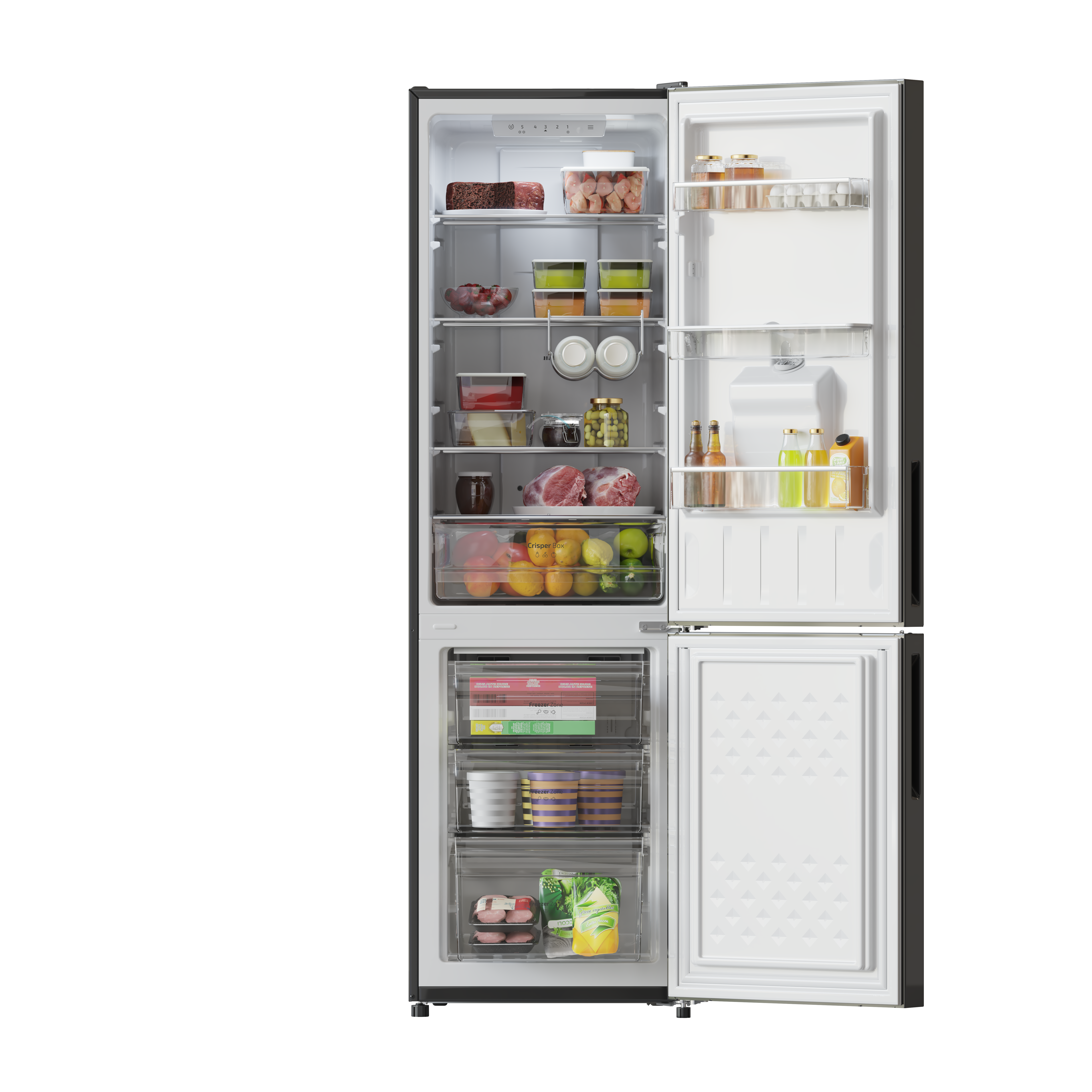 Refrigerador abierto lleno de alimentos. La puerta está a la derecha. El congelador está en la parte inferior.