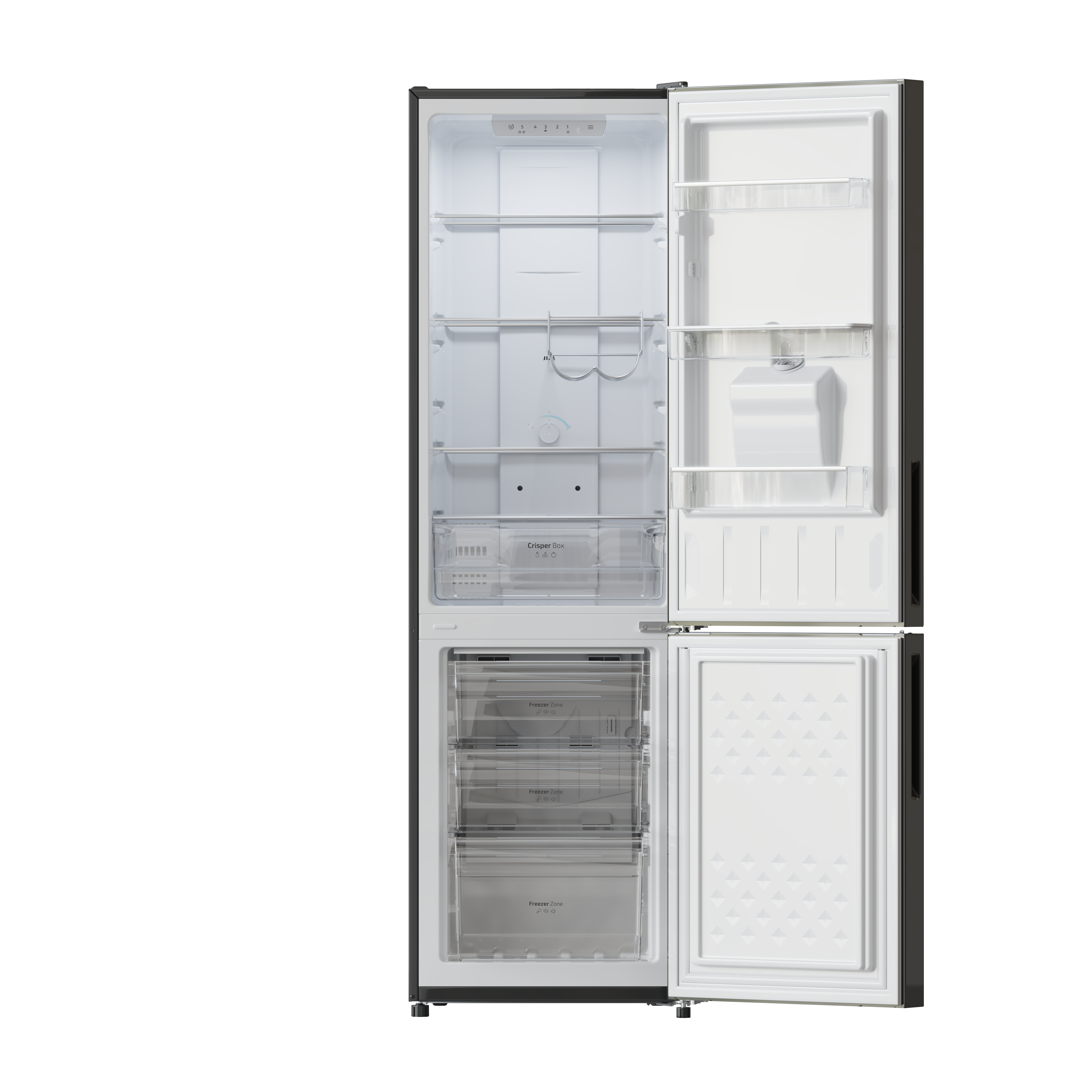 Un refrigerador con las puertas abiertas. El interior es blanco con estantes y cajones, con comida dentro.