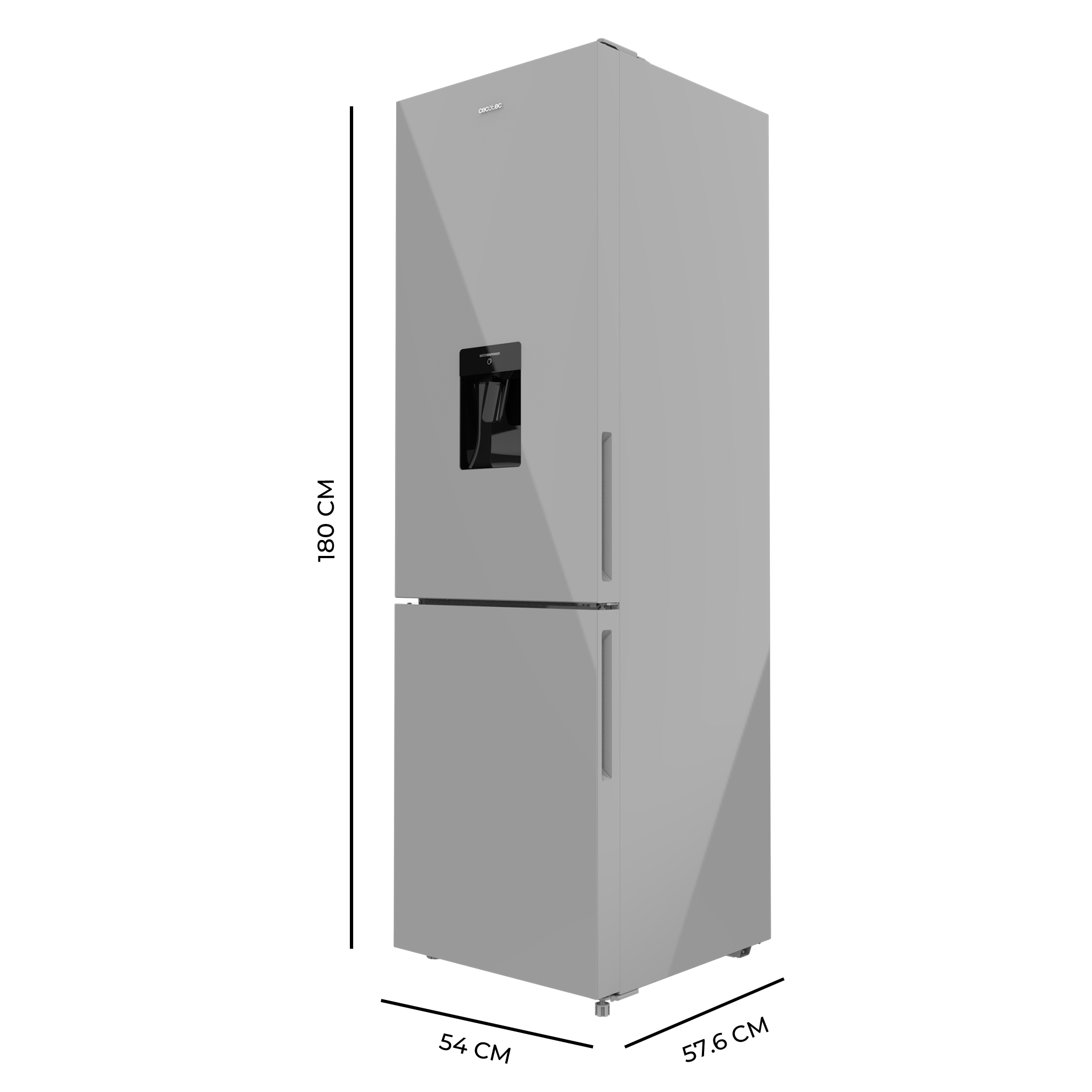 Un refrigerador gris claro con dos puertas y un dispensador de agua. Fondo negro.