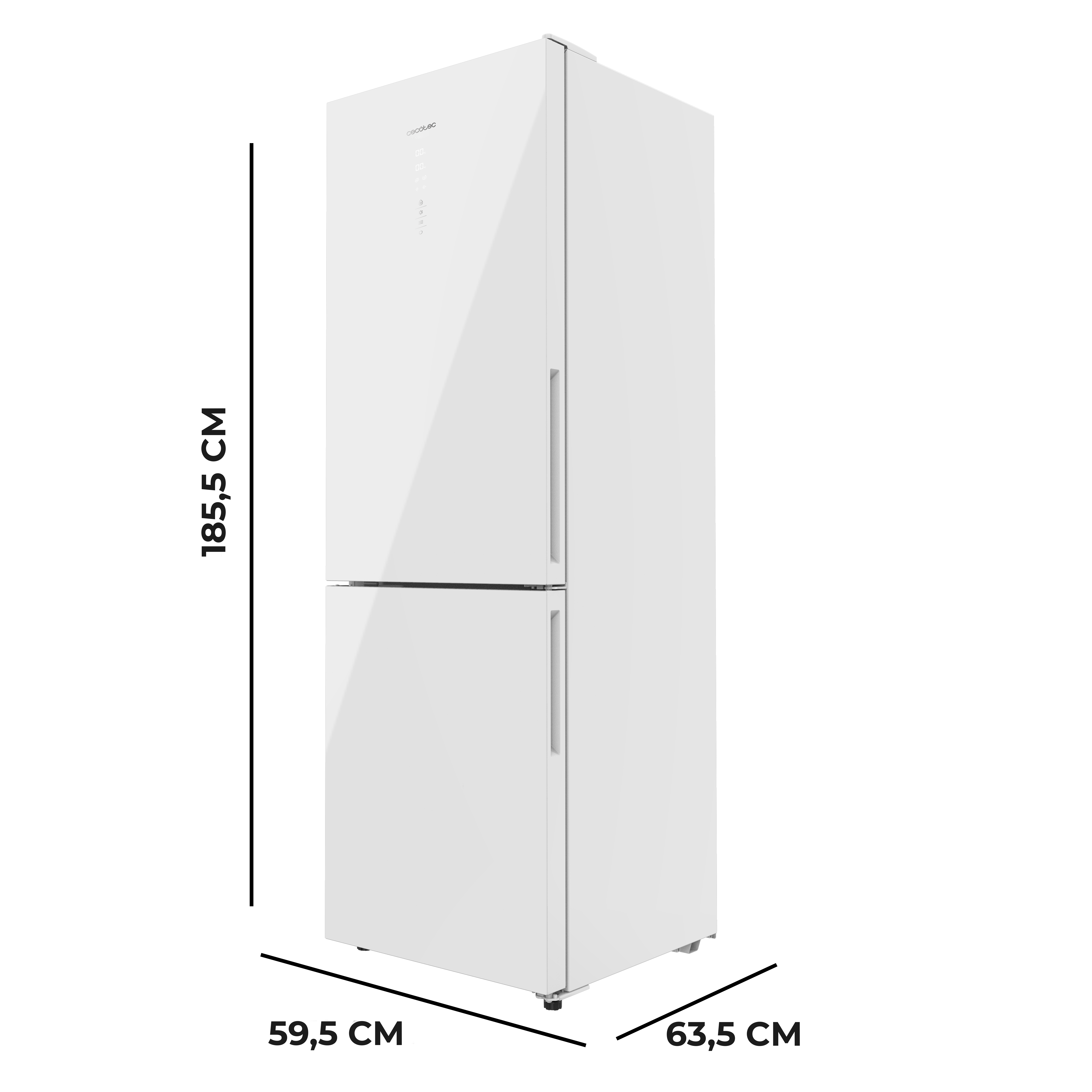 Un refrigerador blanco con dos puertas, de pie sobre un fondo negro, foto de estudio.