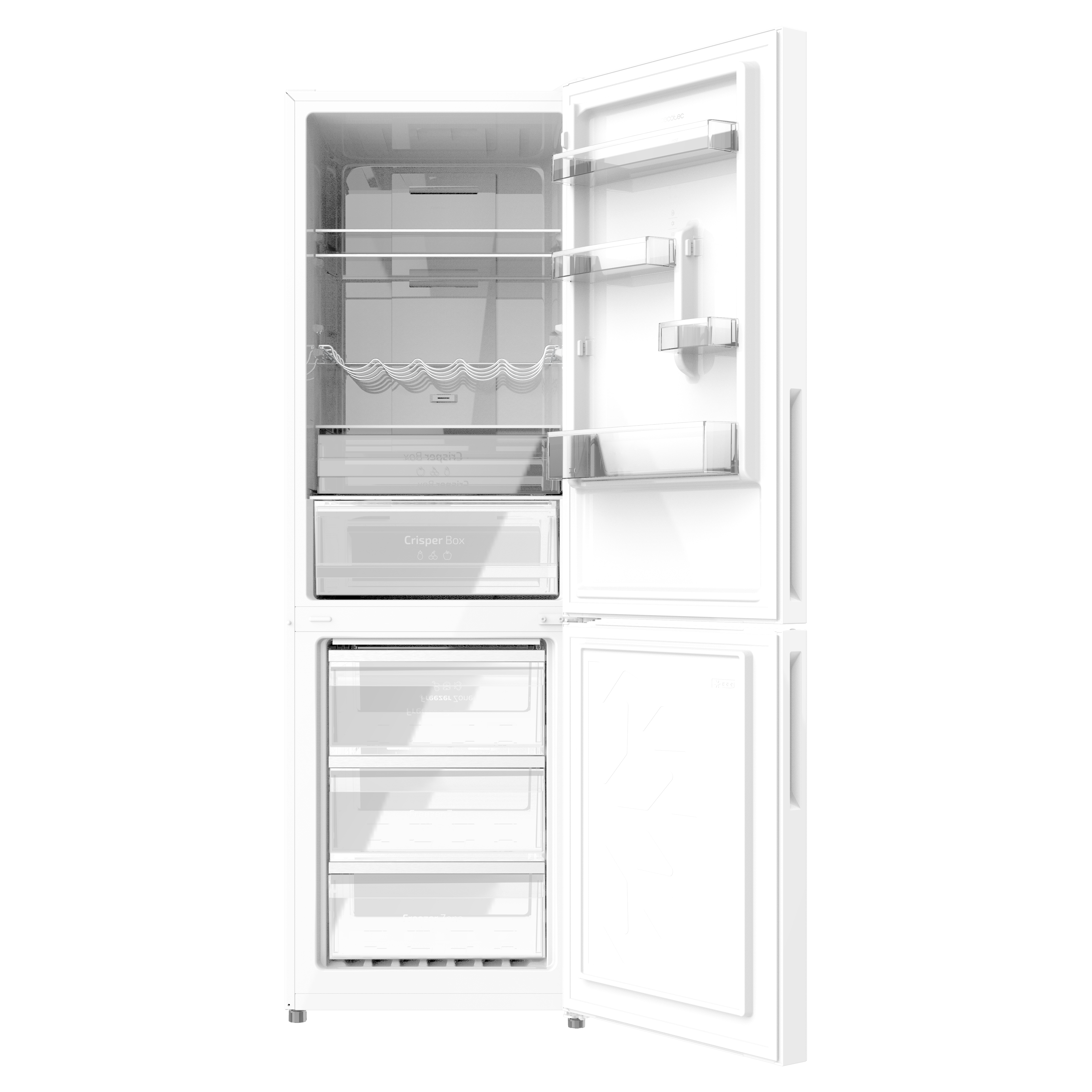 Un refrigerador blanco con las puertas abiertas. Su interior es blanco con estantes y cajones.