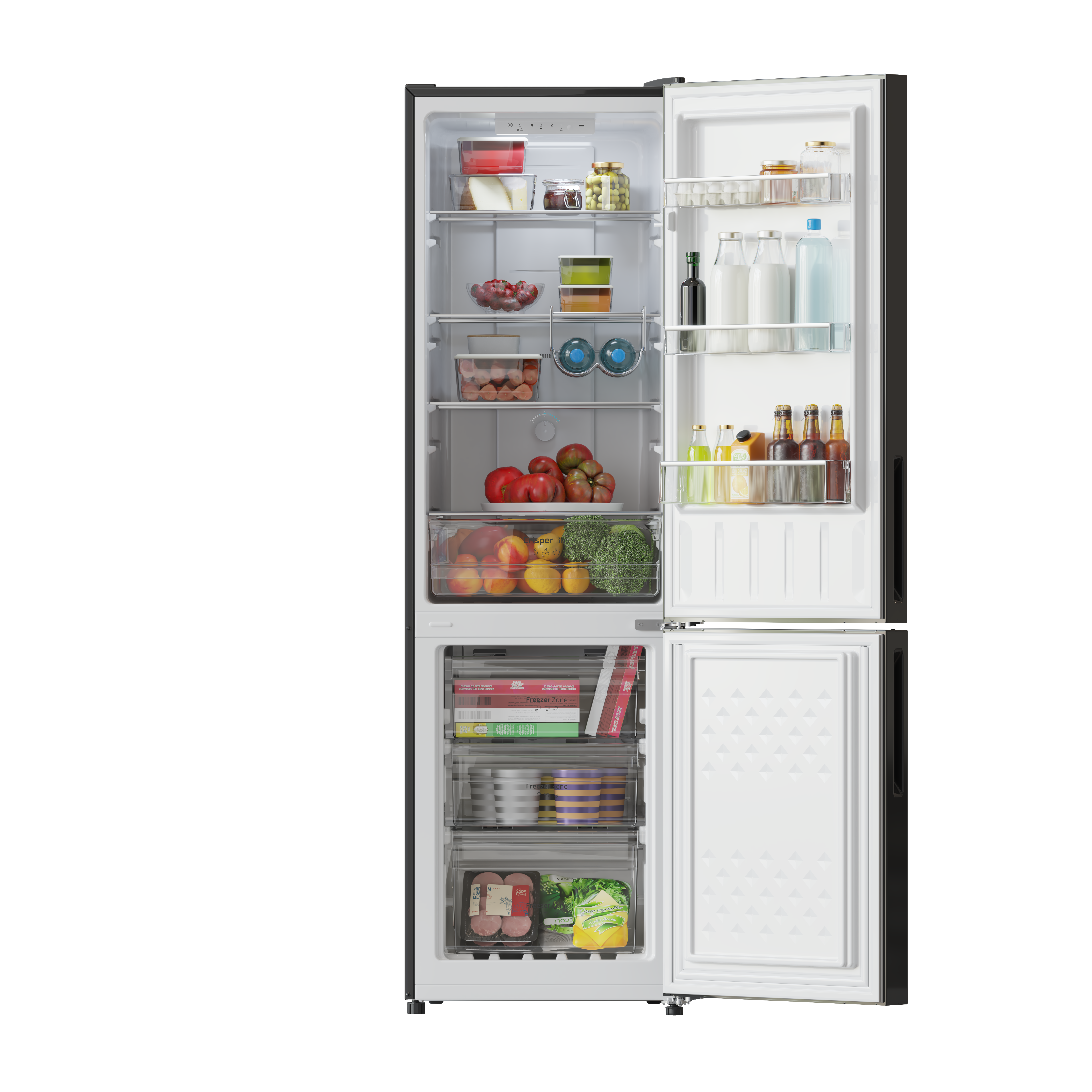 Refrigerador abierto con alimentos: frutas, verduras, frascos y botellas en estantes.