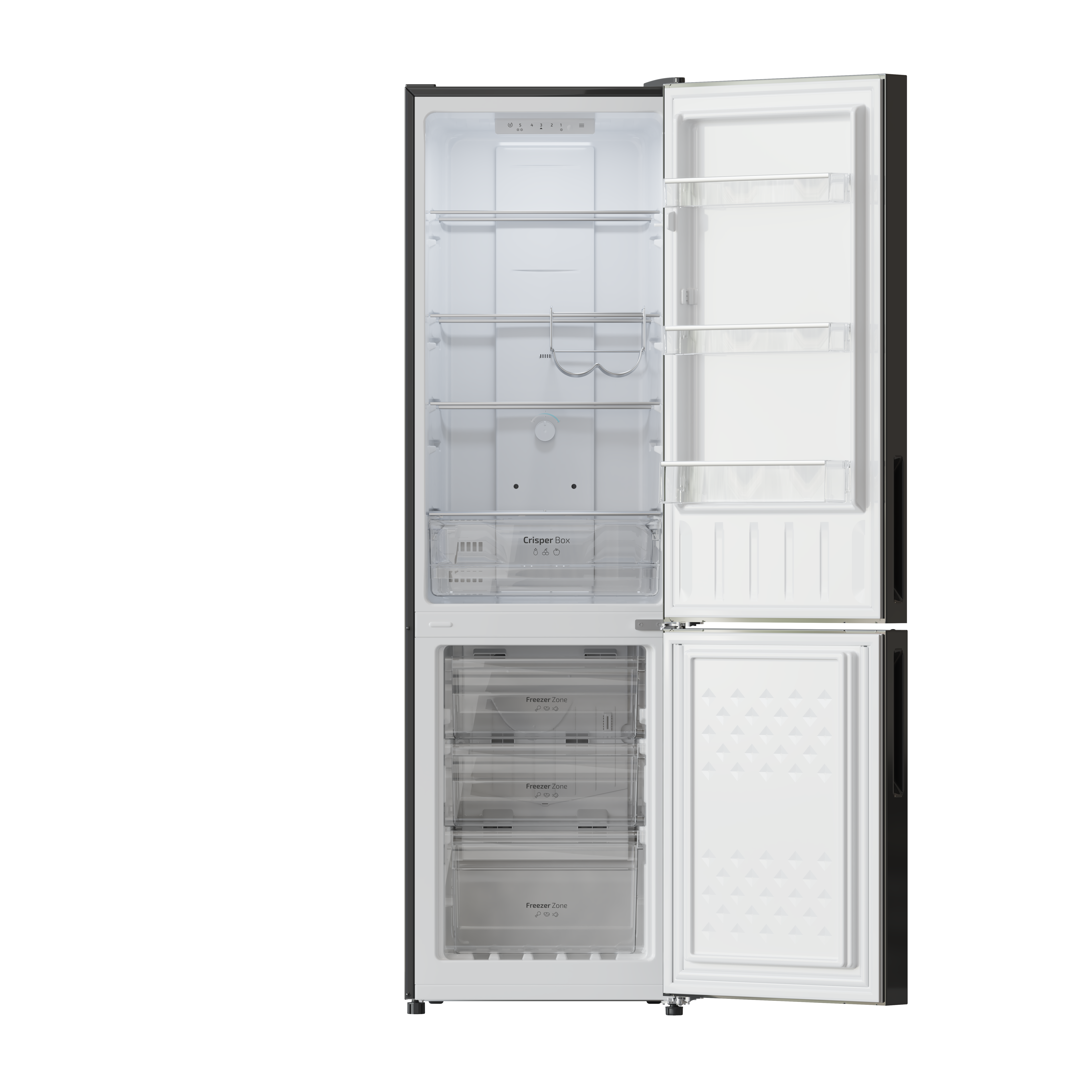 Un refrigerador abierto con el compartimento del congelador abierto, mostrando estantes y cajones adentro.