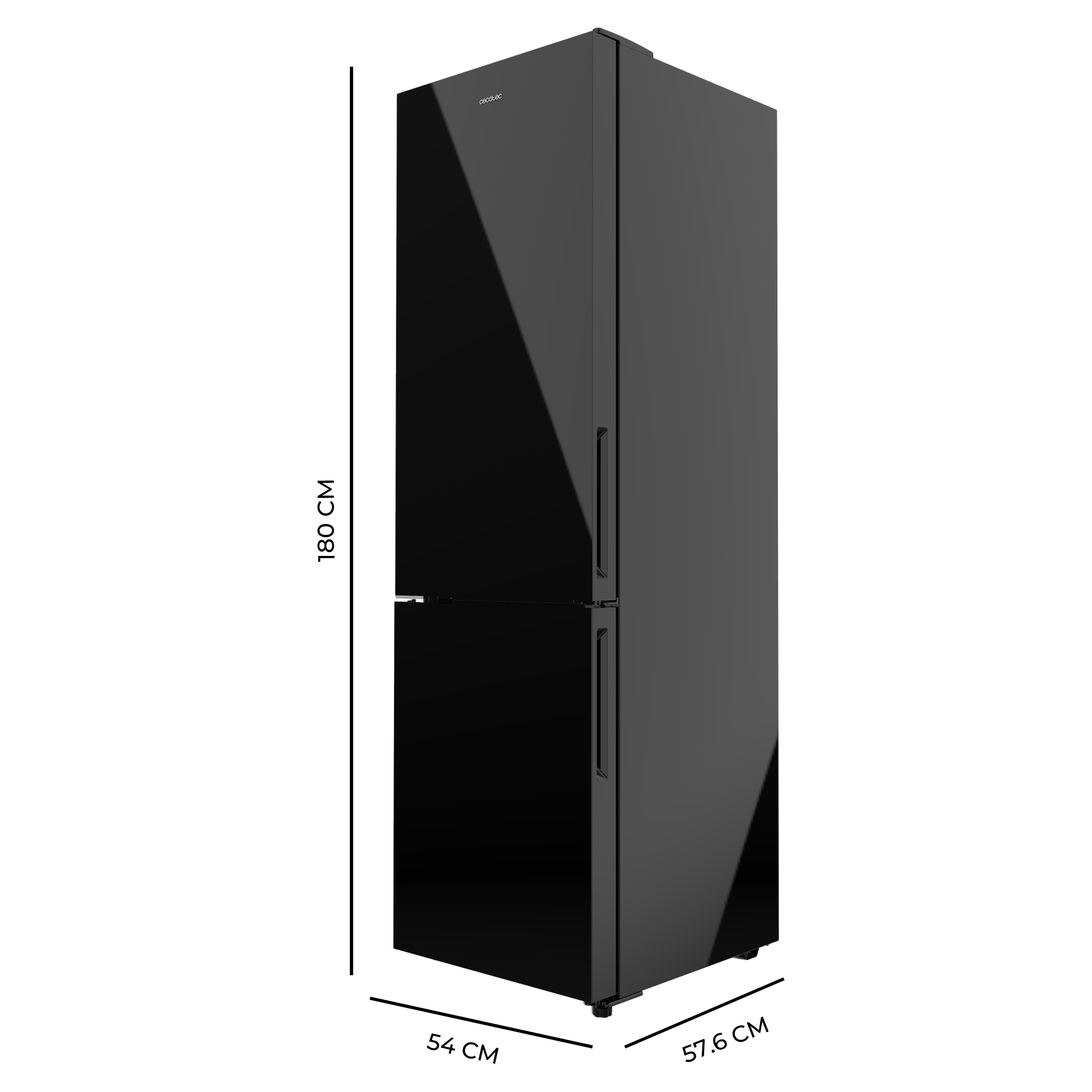 Refrigerador negro con dos puertas. Logotipo de Cecotec en la parte superior. Sombra en el lado izquierdo.