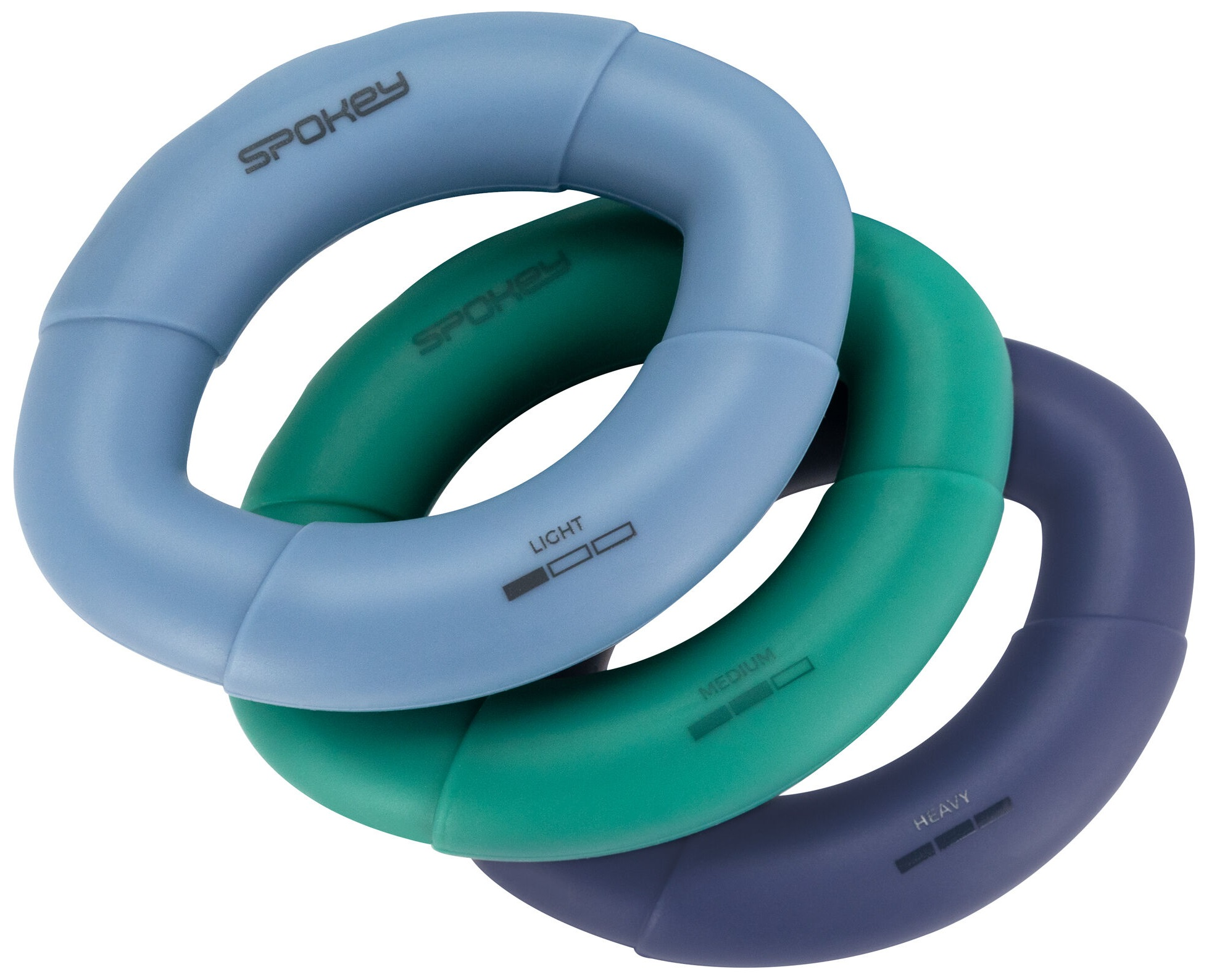 Trzy kolorowe pierścienie do ćwiczeń: niebieski, zielony i granatowy, oznaczone jako lekki, średni i ciężki.