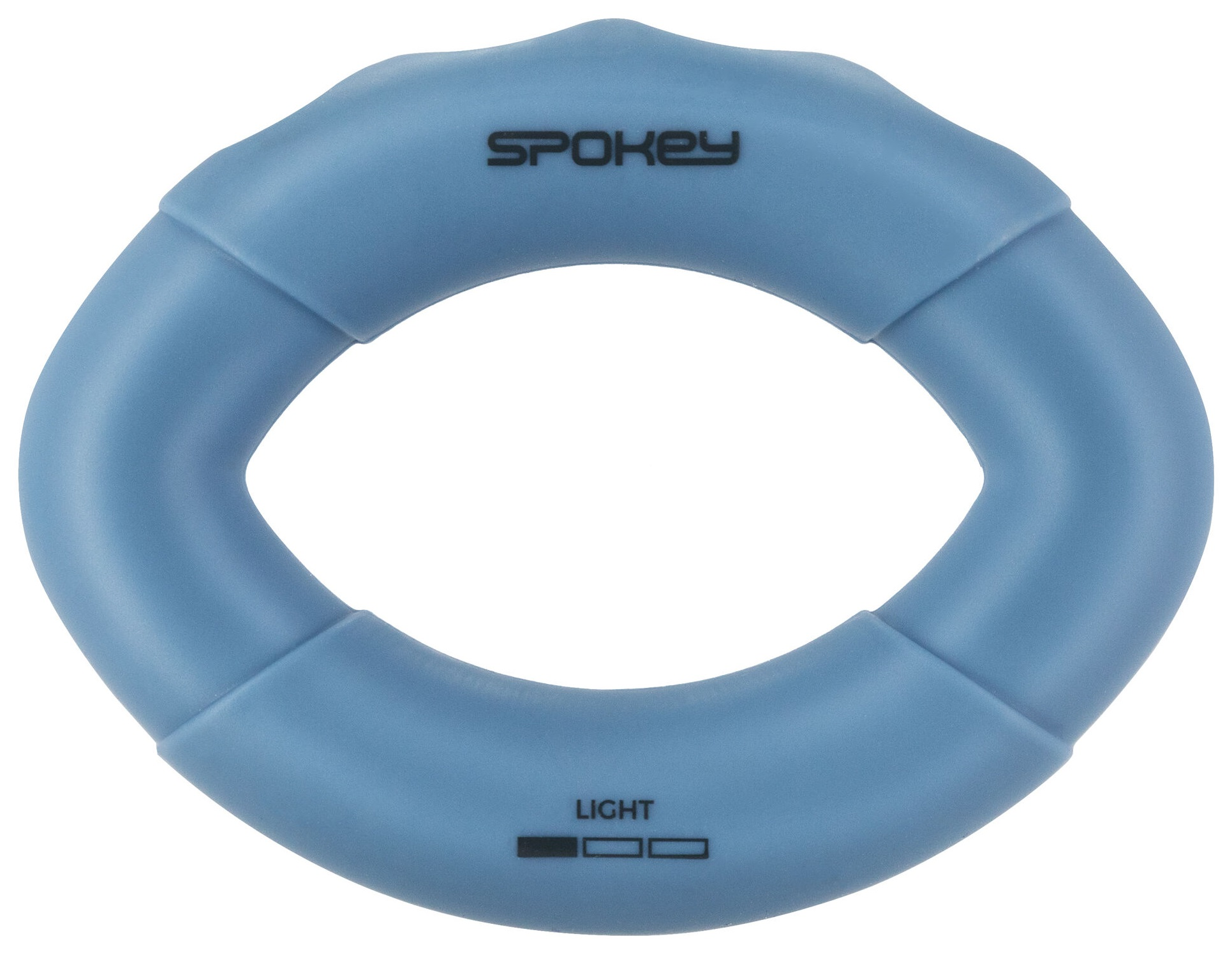 Jasnoniebieski uchwyt do dłoni z nadrukiem 'Spokey' i 'light'.