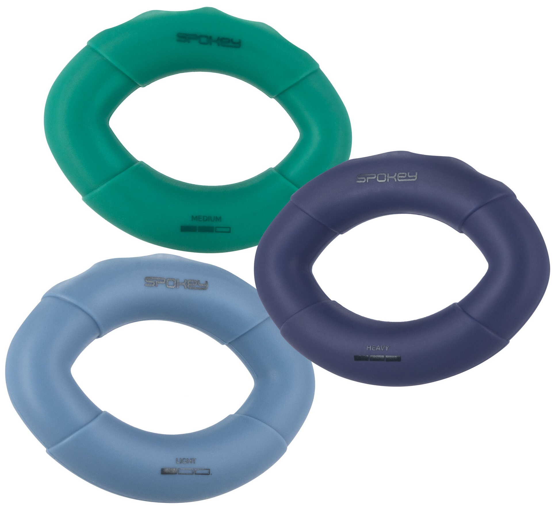 Trzy wzmacniacze uchwytu dłoni w kolorze zielonym, niebieskim i fioletowym z marką 'Spokey'.