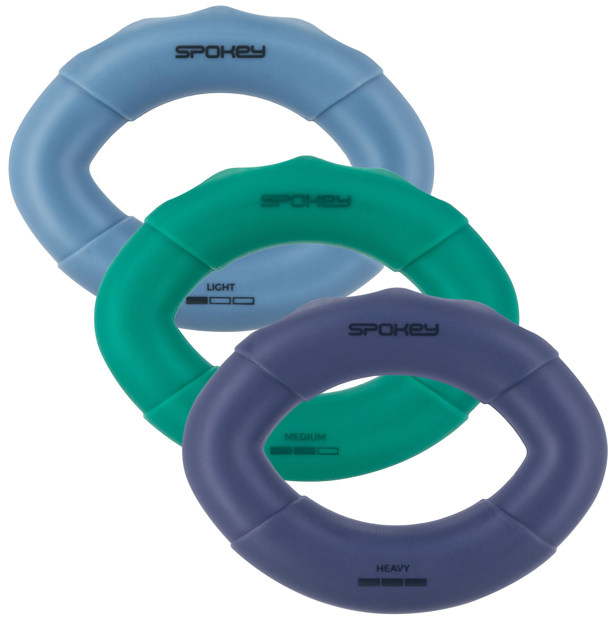 Trzy wzmacniacze uchwytu dłoni Spokey. Niebieski, zielony i fioletowy. Ciężki, Średni, Lekki.
