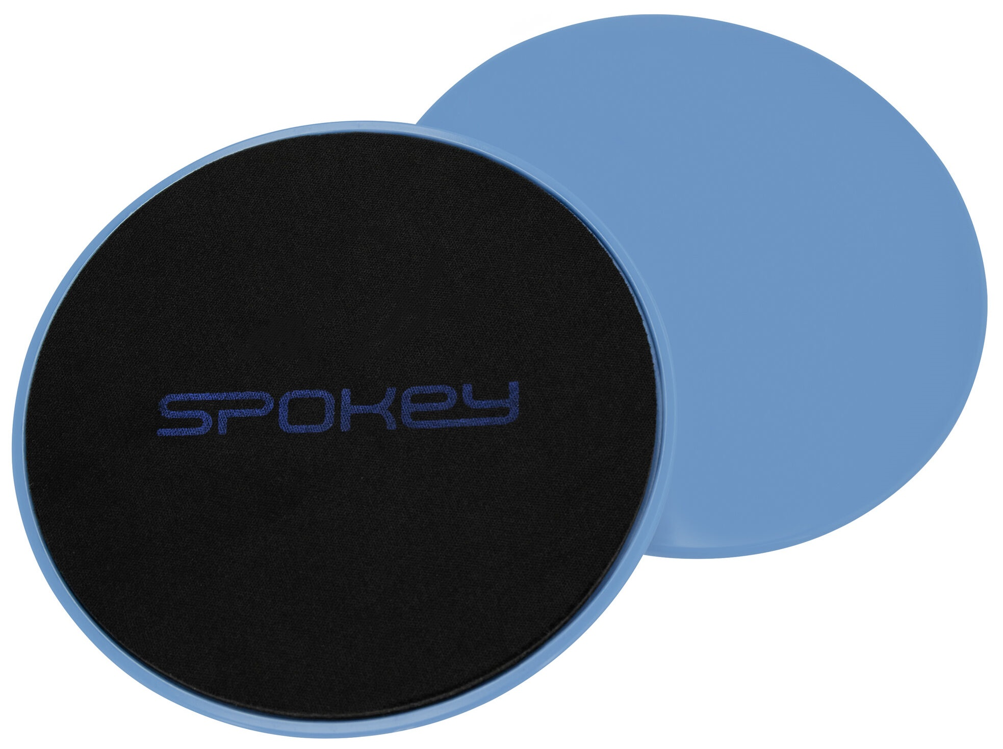 Dwa jasnoniebieskie ślizgacze do ćwiczeń, jeden na drugim, z czarnym środkiem i logo Spokey.