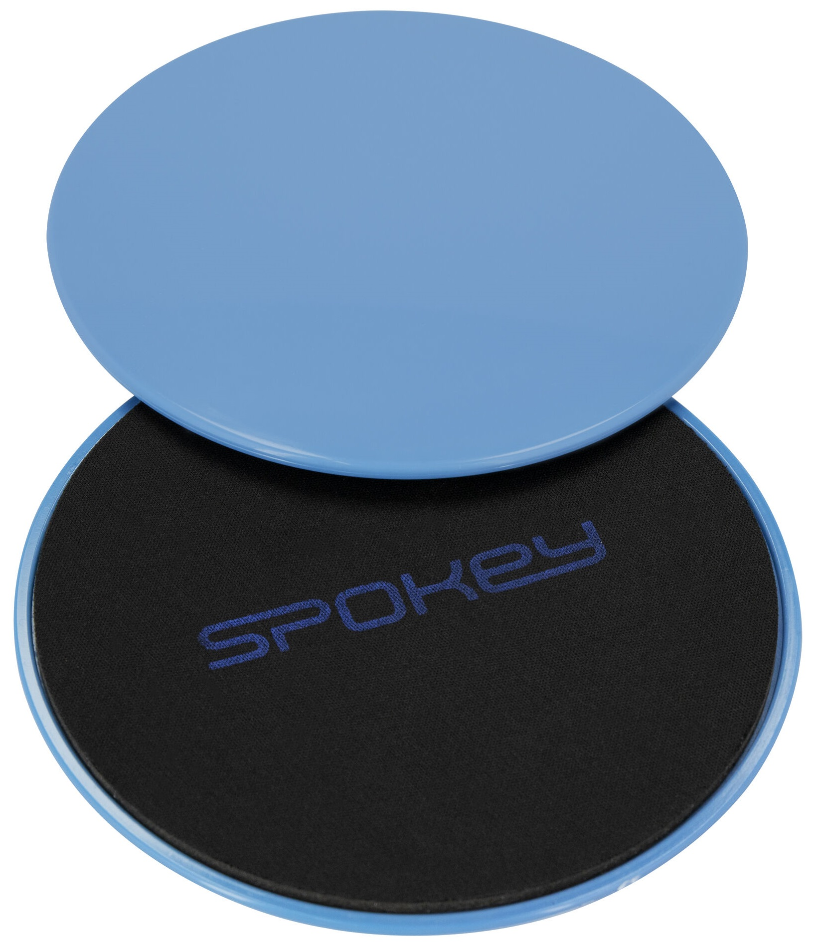 Dwa niebieskie ślizgacze do ćwiczeń, jeden na drugim. Czarno-niebieski tekst brzmi Spokey.