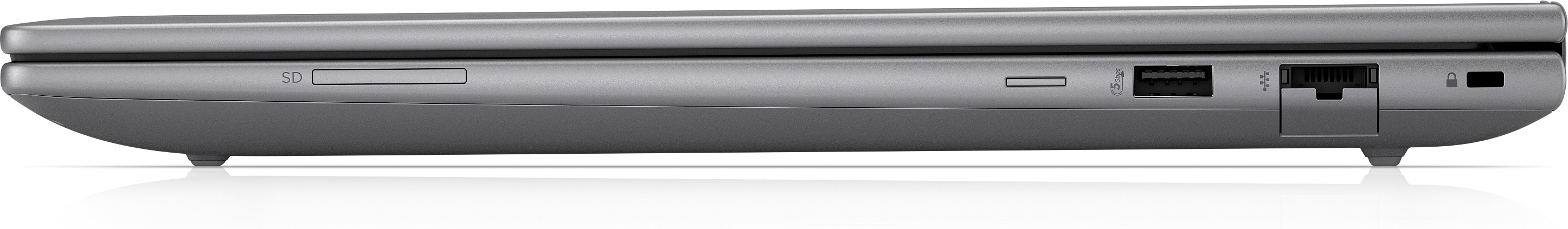 Seitenansicht eines Laptops mit Anschlüssen und einem SD-Kartensteckplatz.