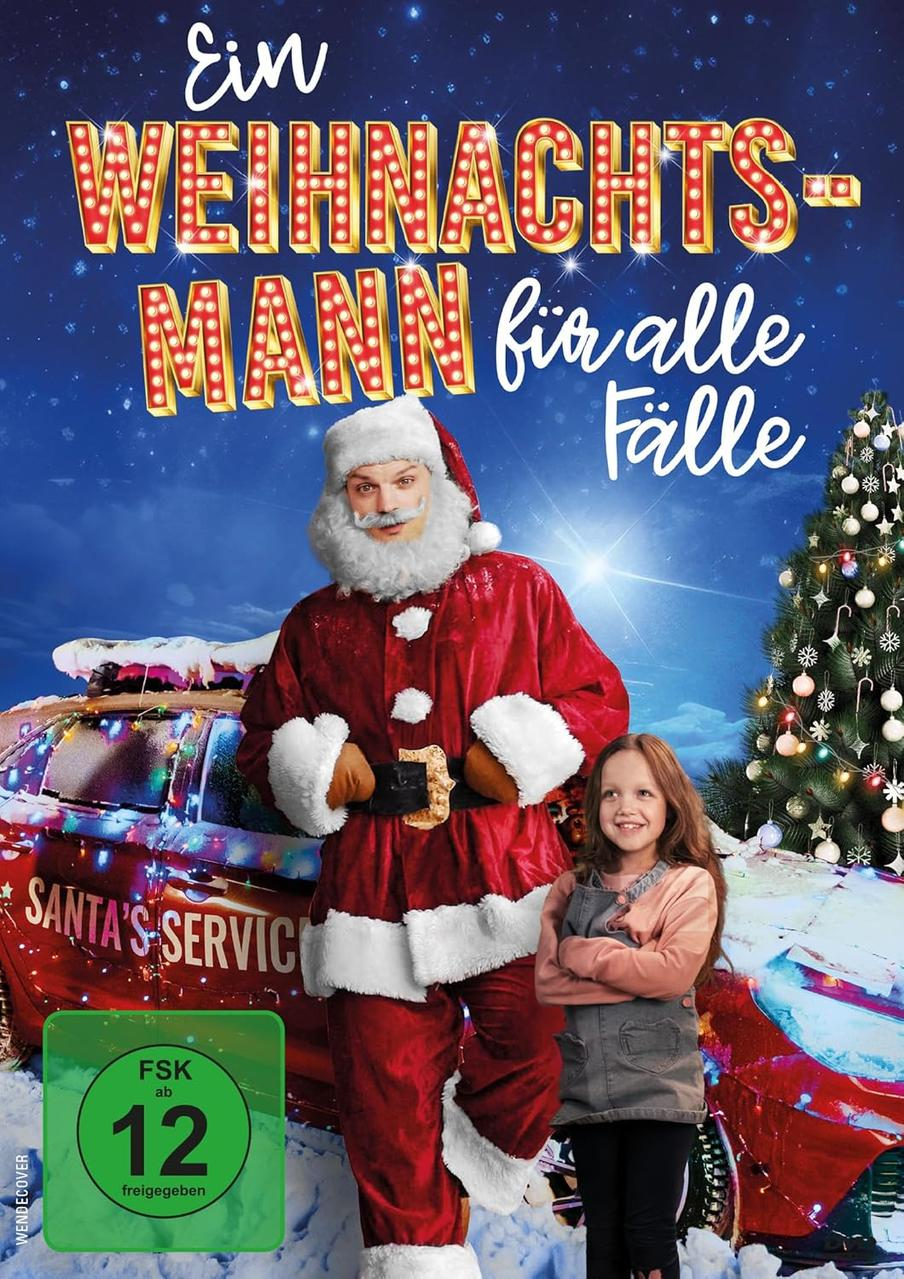 Ein Filmplakat von Santa Claus mit einem Mädchen und einem roten Auto mit einem Weihnachtsbaum.