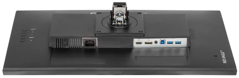 Tył czarnego monitora komputerowego z różnymi portami, w tym zasilaniem, HDMI i USB.