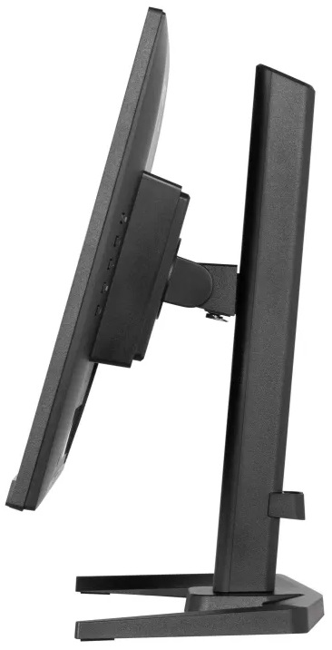 Widok z boku czarnego monitora ze stojakiem, pod kątem na białym tle.