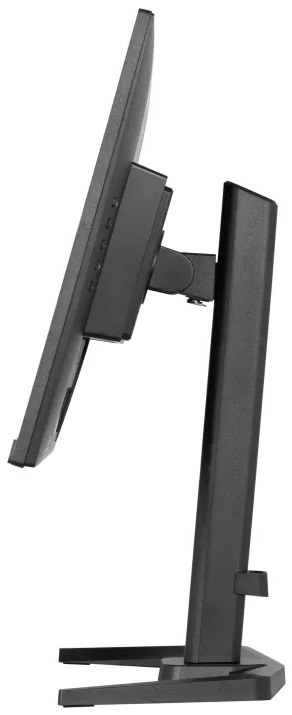 Czarny monitor komputera z boku, na czarnym stojaku.