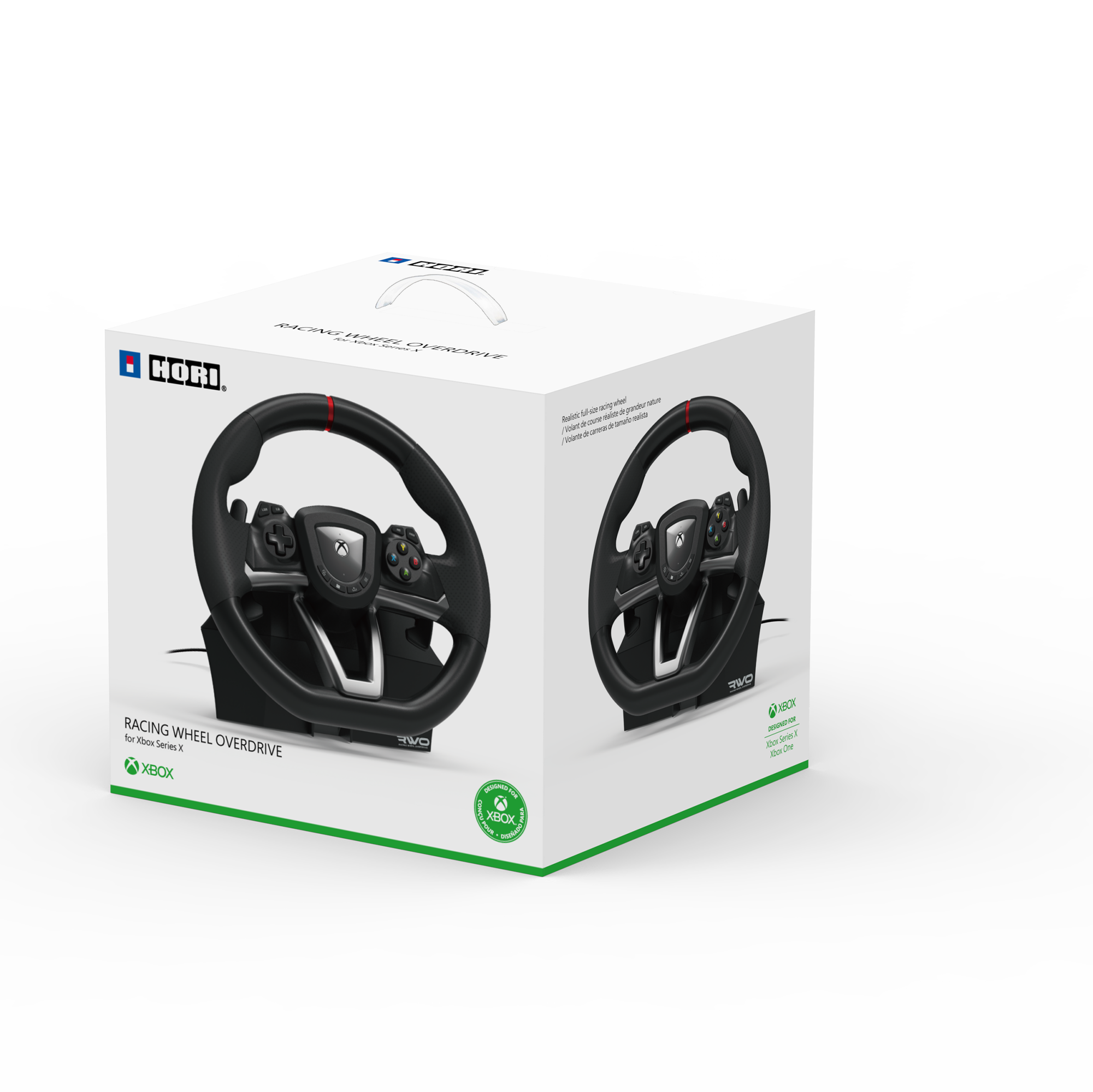 Xbox için 'RACING WHEEL OVERDRIVE' etiketli bir kutuda yarış direksiyonu, beyaz zemin üzerinde.
