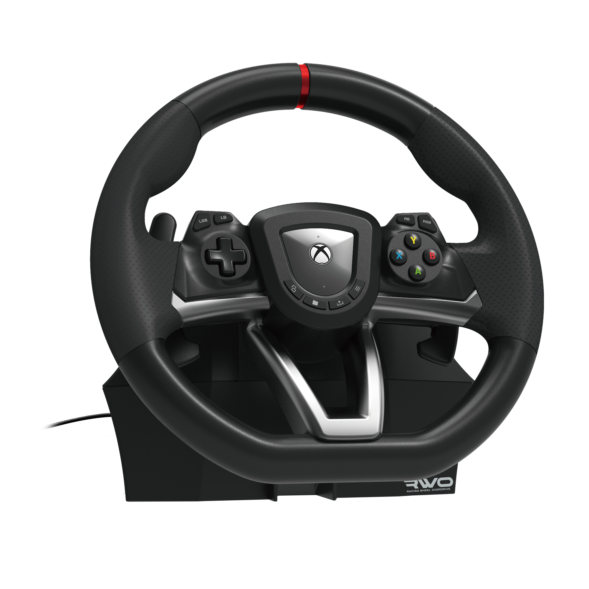 Siyah zemin üzerinde, düğmeleri ve üstte kırmızı şeridi olan siyah bir yarış direksiyonu.