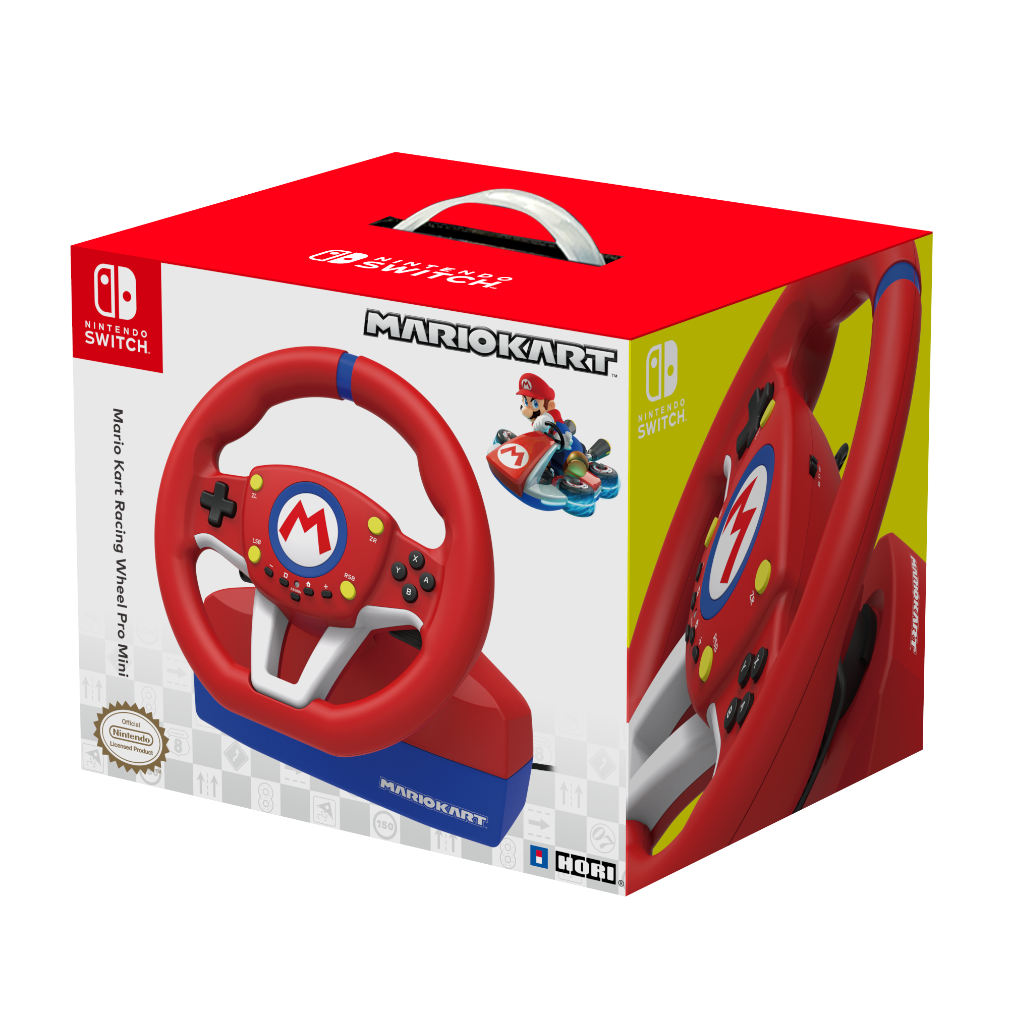 Kutuda kırmızı ve beyaz bir Mario Kart yarış direksiyonu.