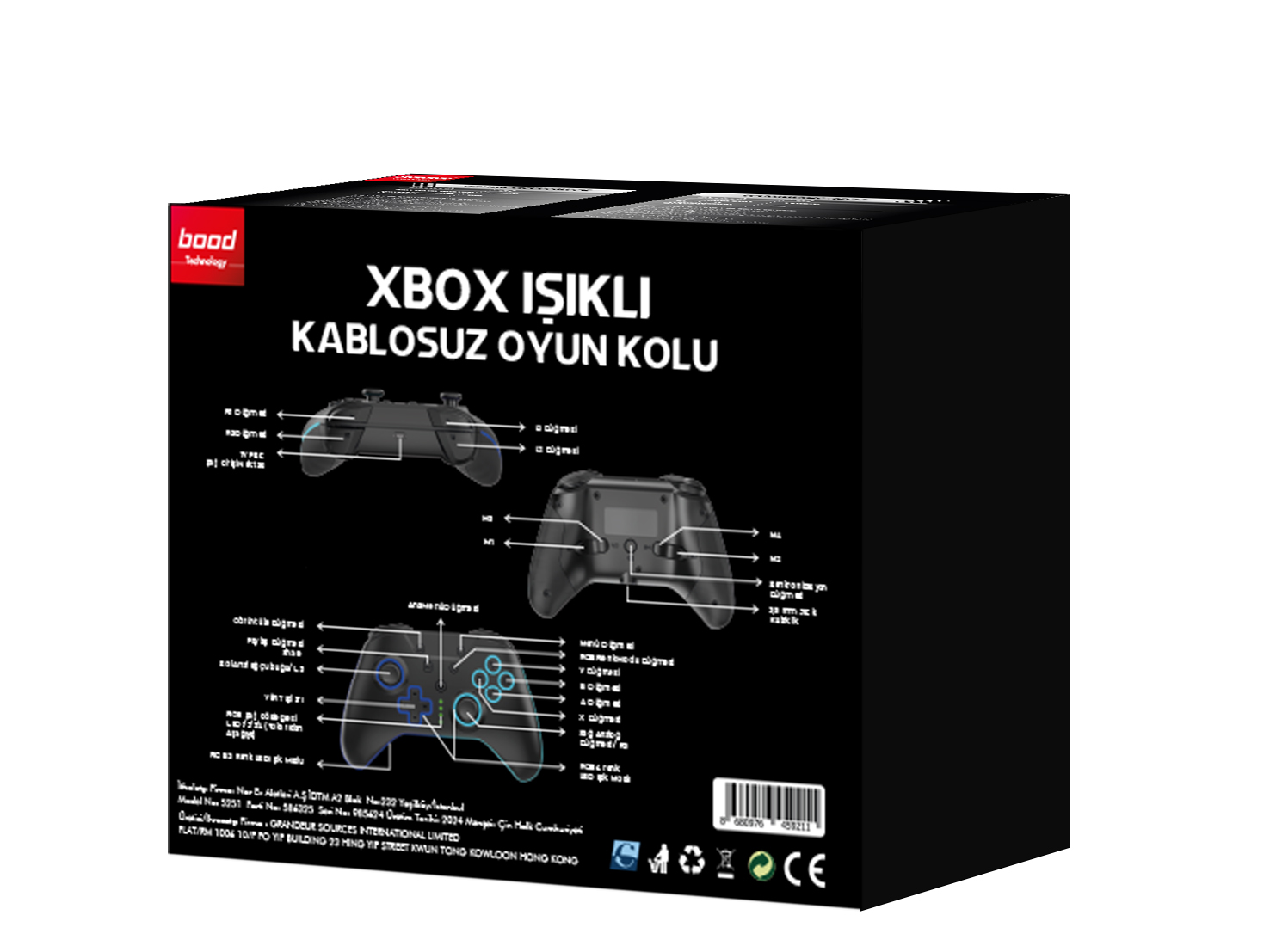 Kablosuz bir Xbox kontrolcüsü ve metin içeren bir resimle siyah kutu.