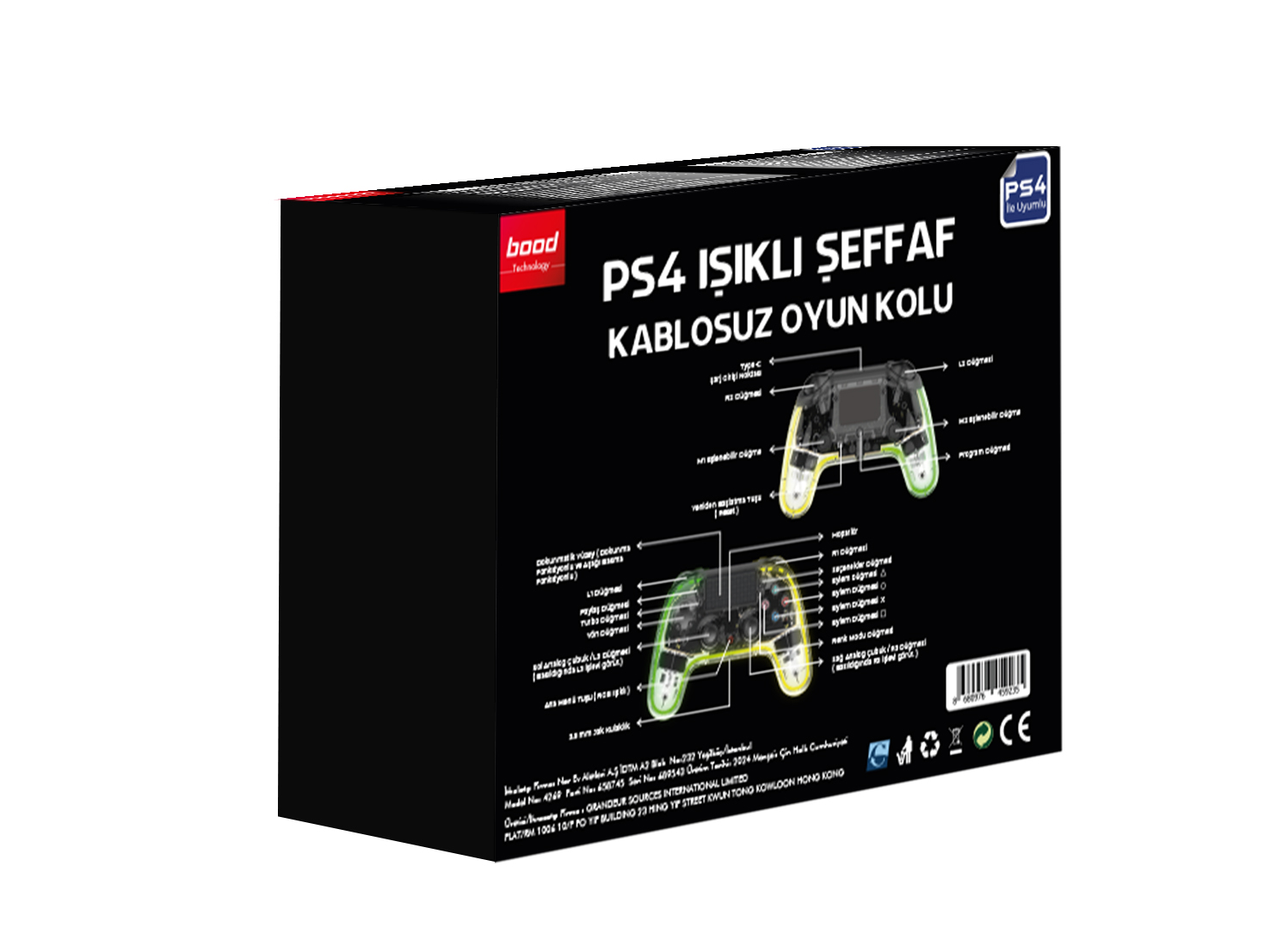 Şeffaf bir kontrolör şeması ve Türkçe metin içeren siyah bir PS4 kontrolcü kutusu.